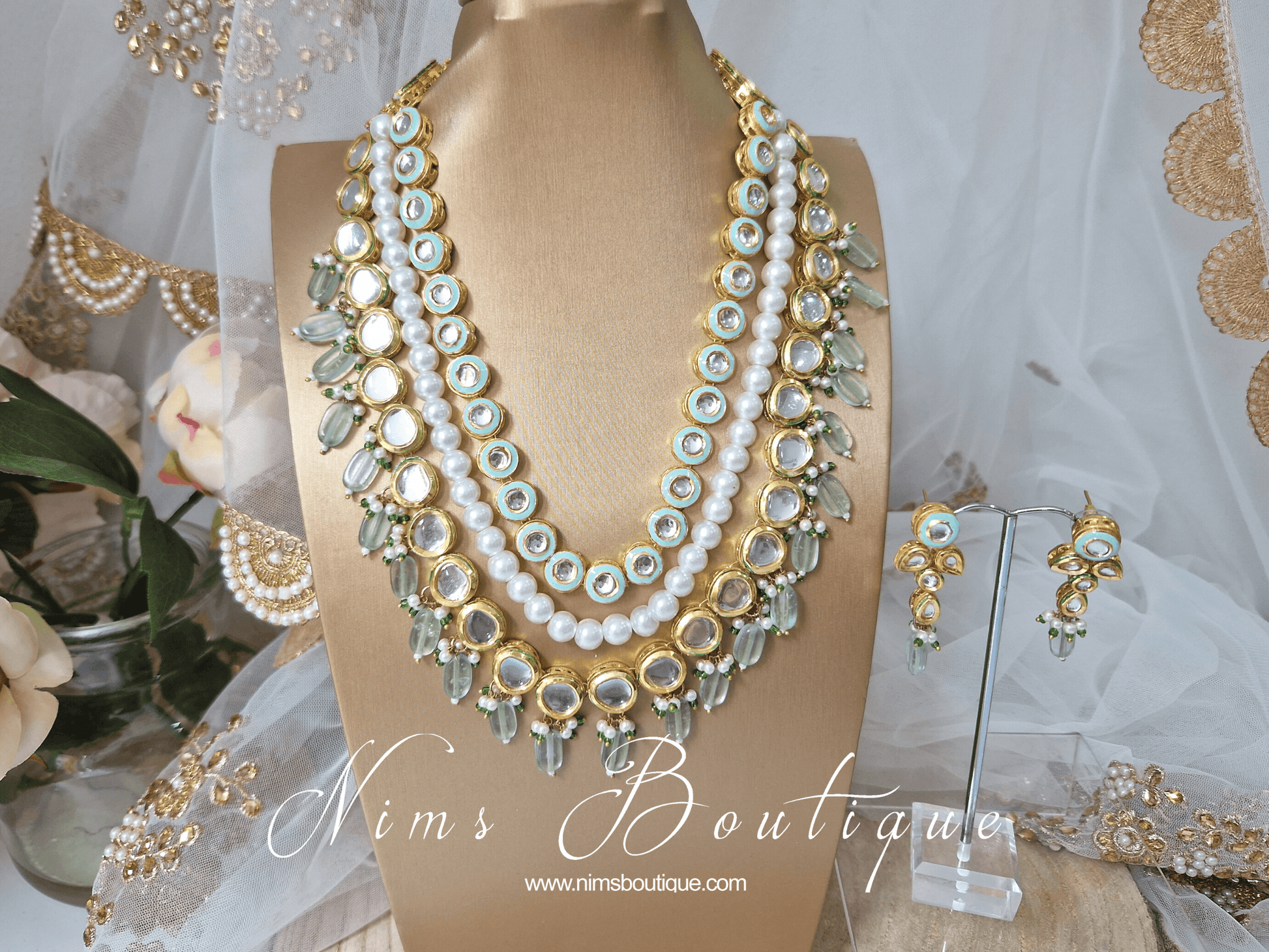 Nims Boutique Myra Blossom Kundan Mint Haar Set