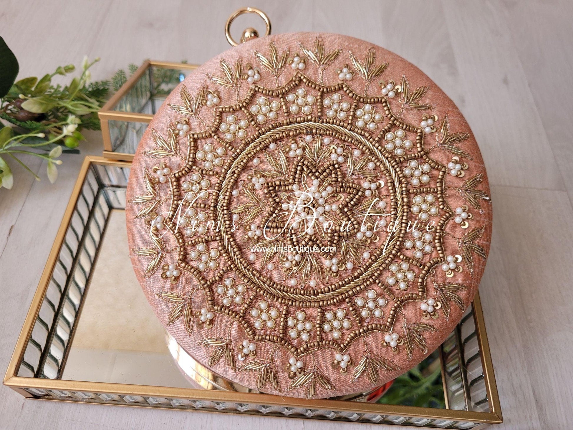 Nims Boutique Large Round Peach & Pearl Clutch Bag