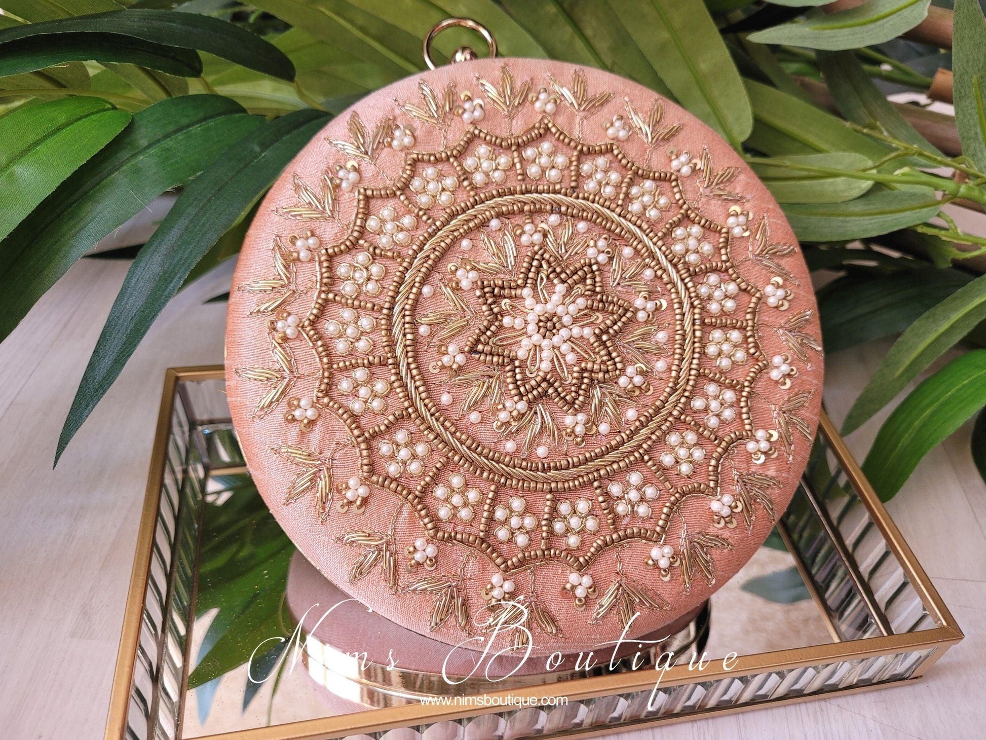 Nims Boutique Large Round Peach & Pearl Clutch Bag