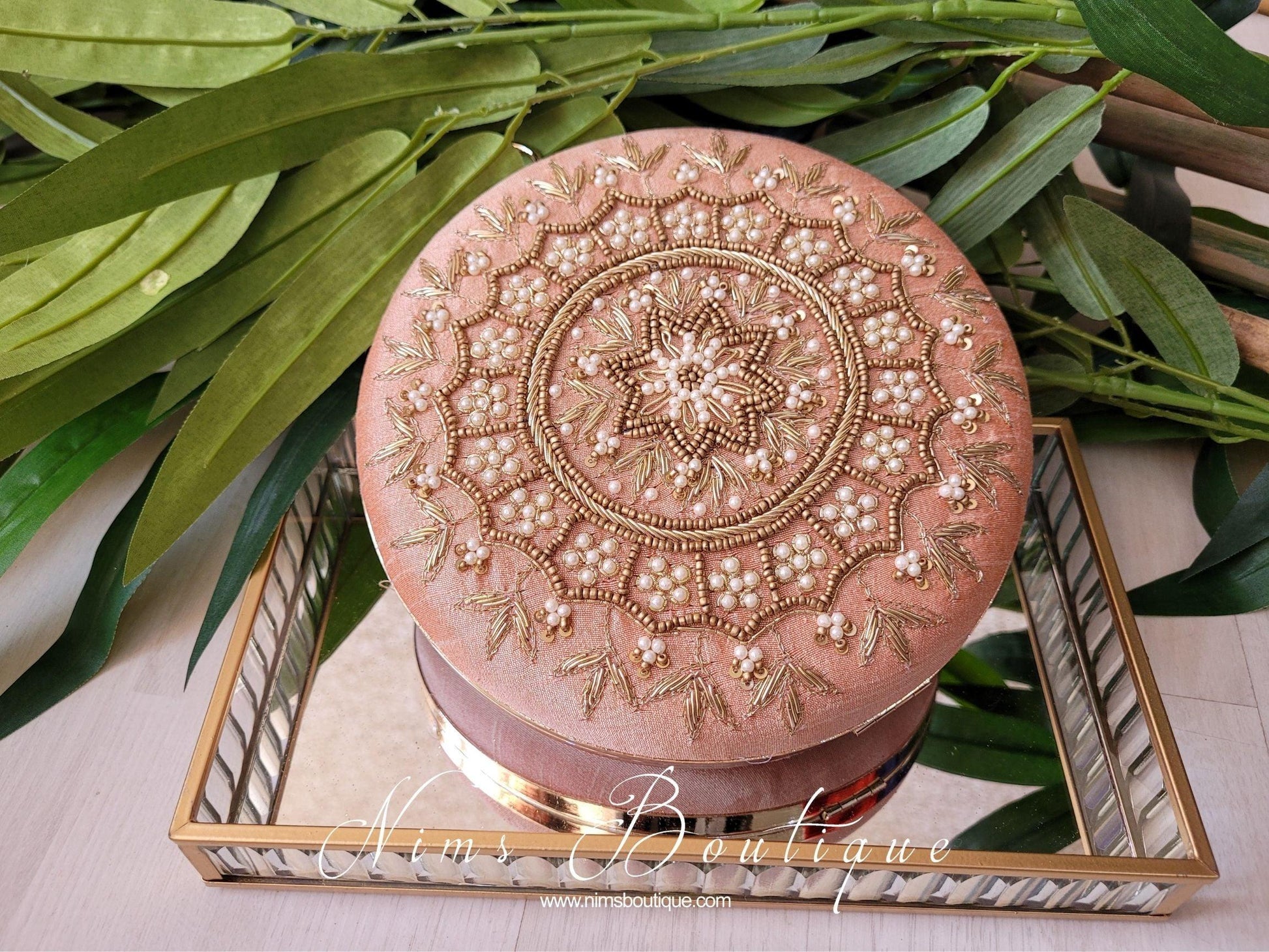 Nims Boutique Large Round Peach & Pearl Clutch Bag