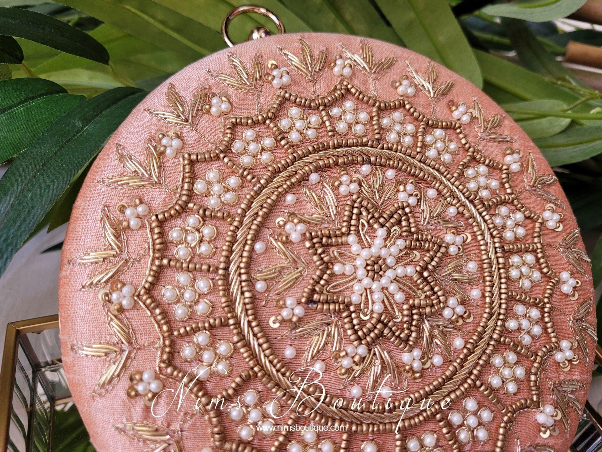Nims Boutique Large Round Peach & Pearl Clutch Bag