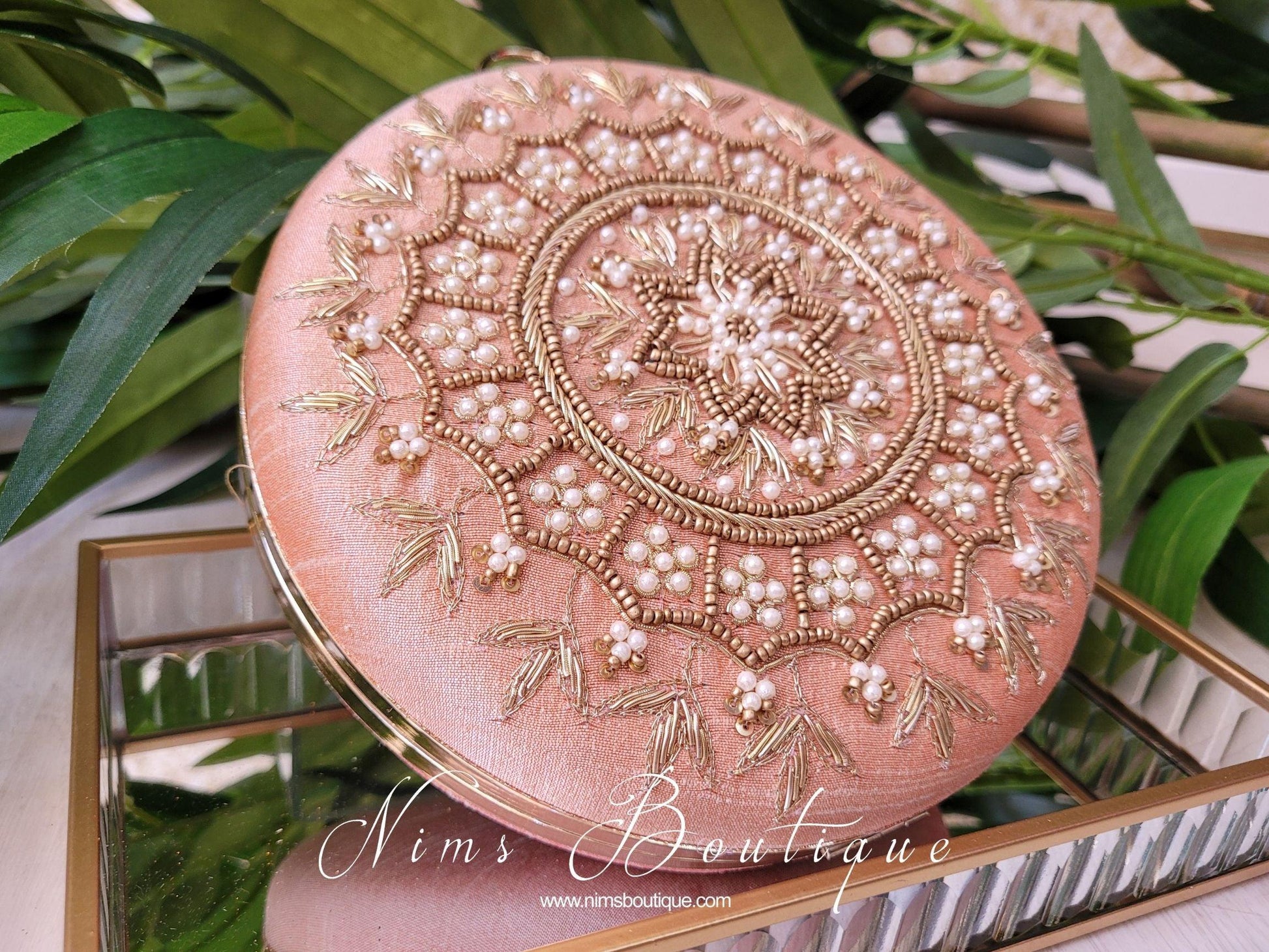Nims Boutique Large Round Peach & Pearl Clutch Bag