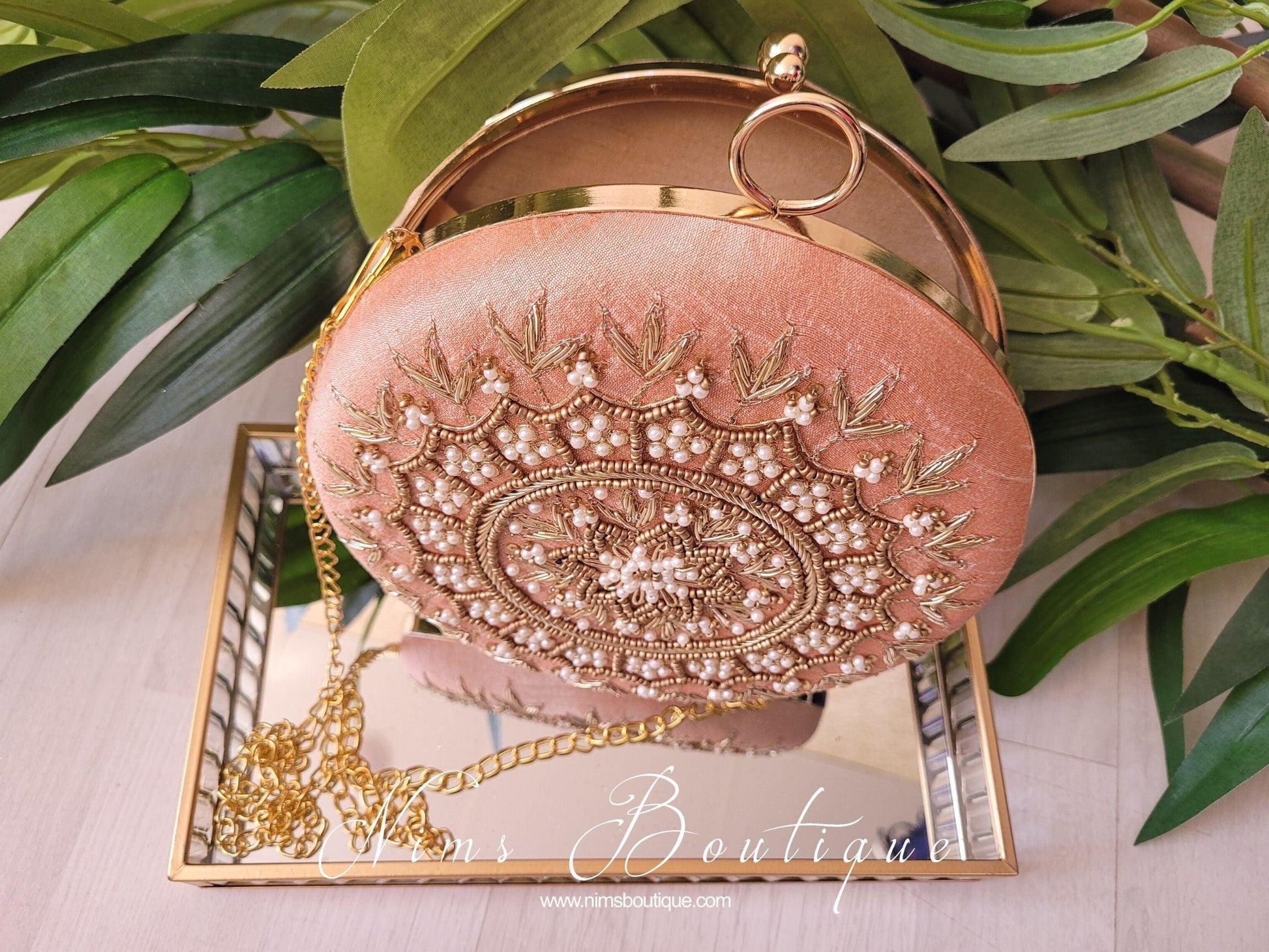 Nims Boutique Large Round Peach & Pearl Clutch Bag