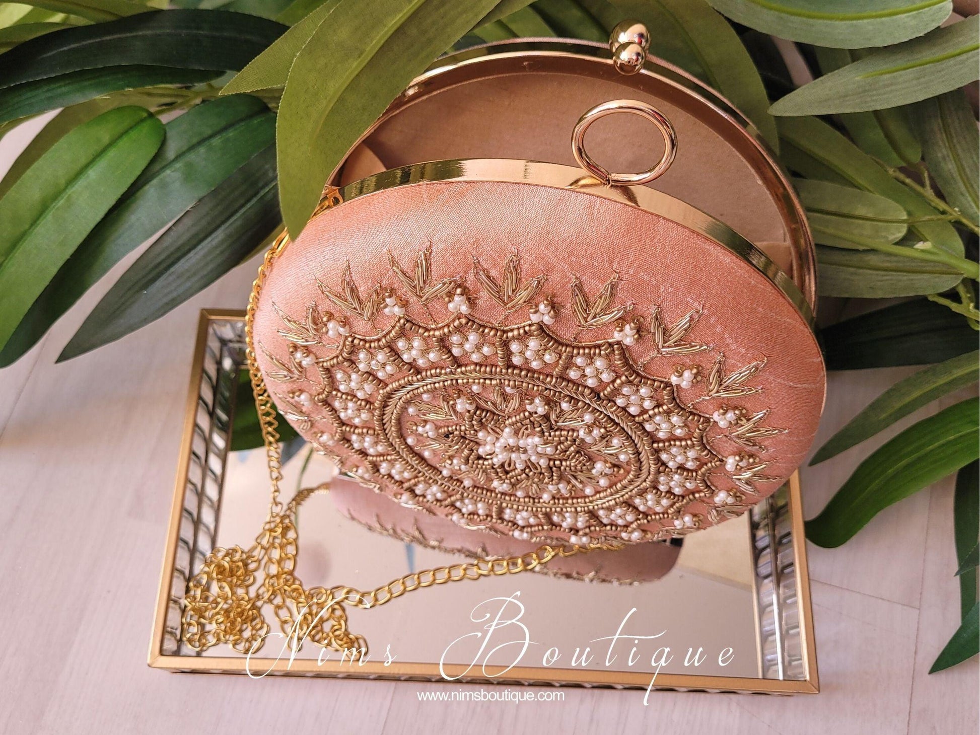 Nims Boutique Large Round Peach & Pearl Clutch Bag
