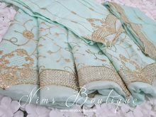 Luxury Unstitched Silk Light Mint & Gold Threadwork Sharara Suit