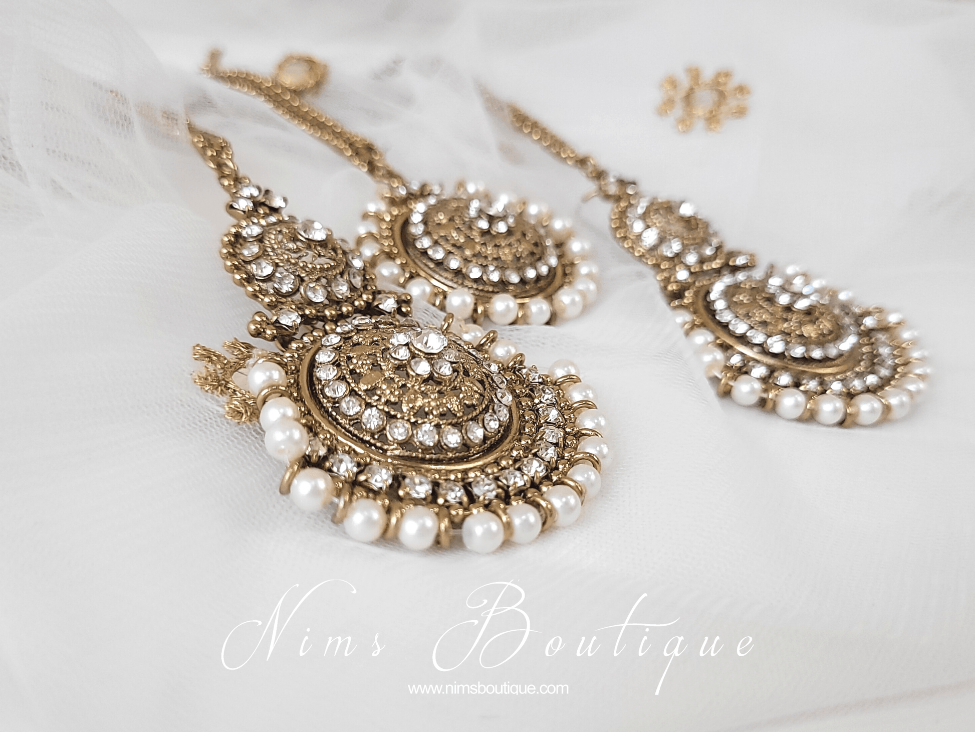 Nims Boutique Royal Pearl Tikka Set with earring chains