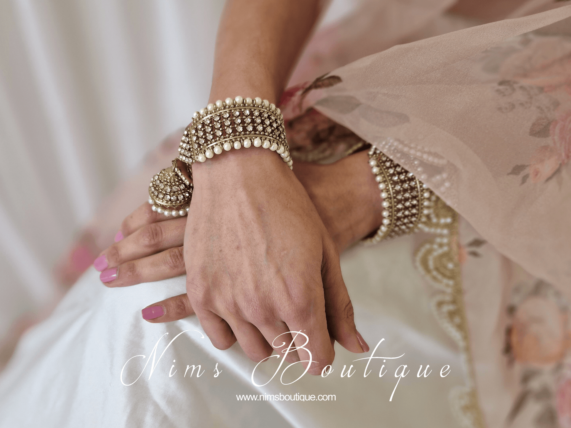 Nims Boutique Pearl & Gold Royal Bracelet with hanging chumka