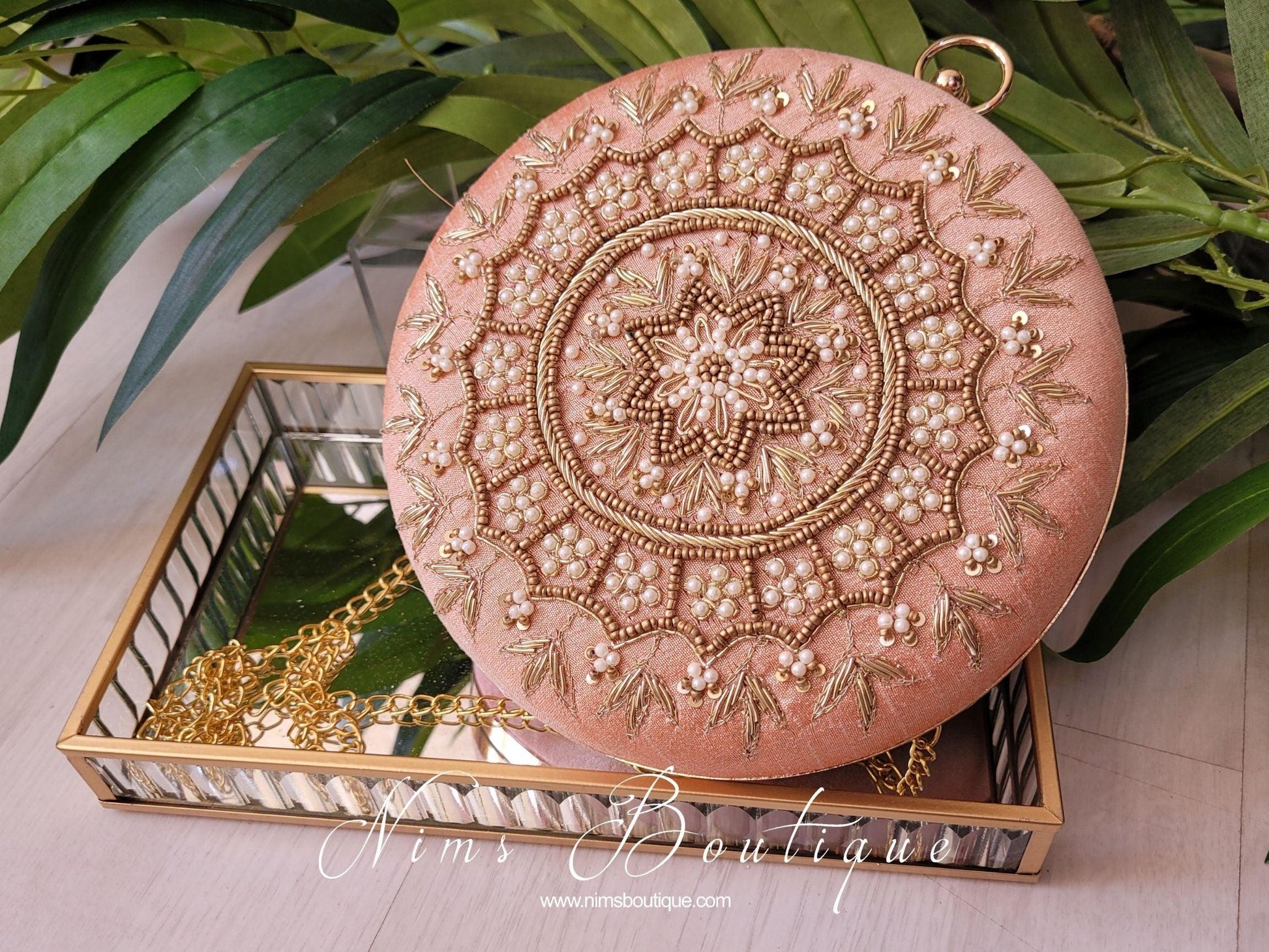 Nims Boutique Large Round Peach & Pearl Clutch Bag