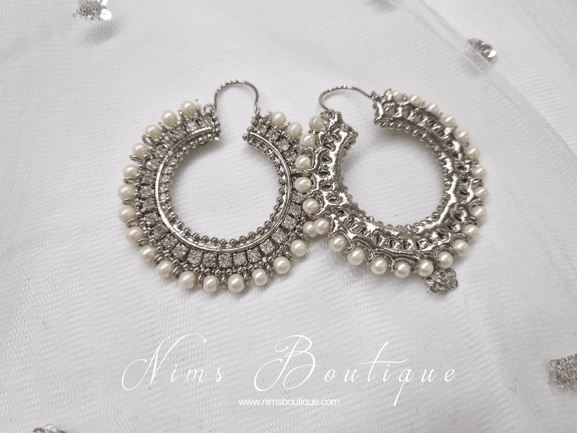 Nims Boutique Royal Silver Chand Bali Earrings with Pearl