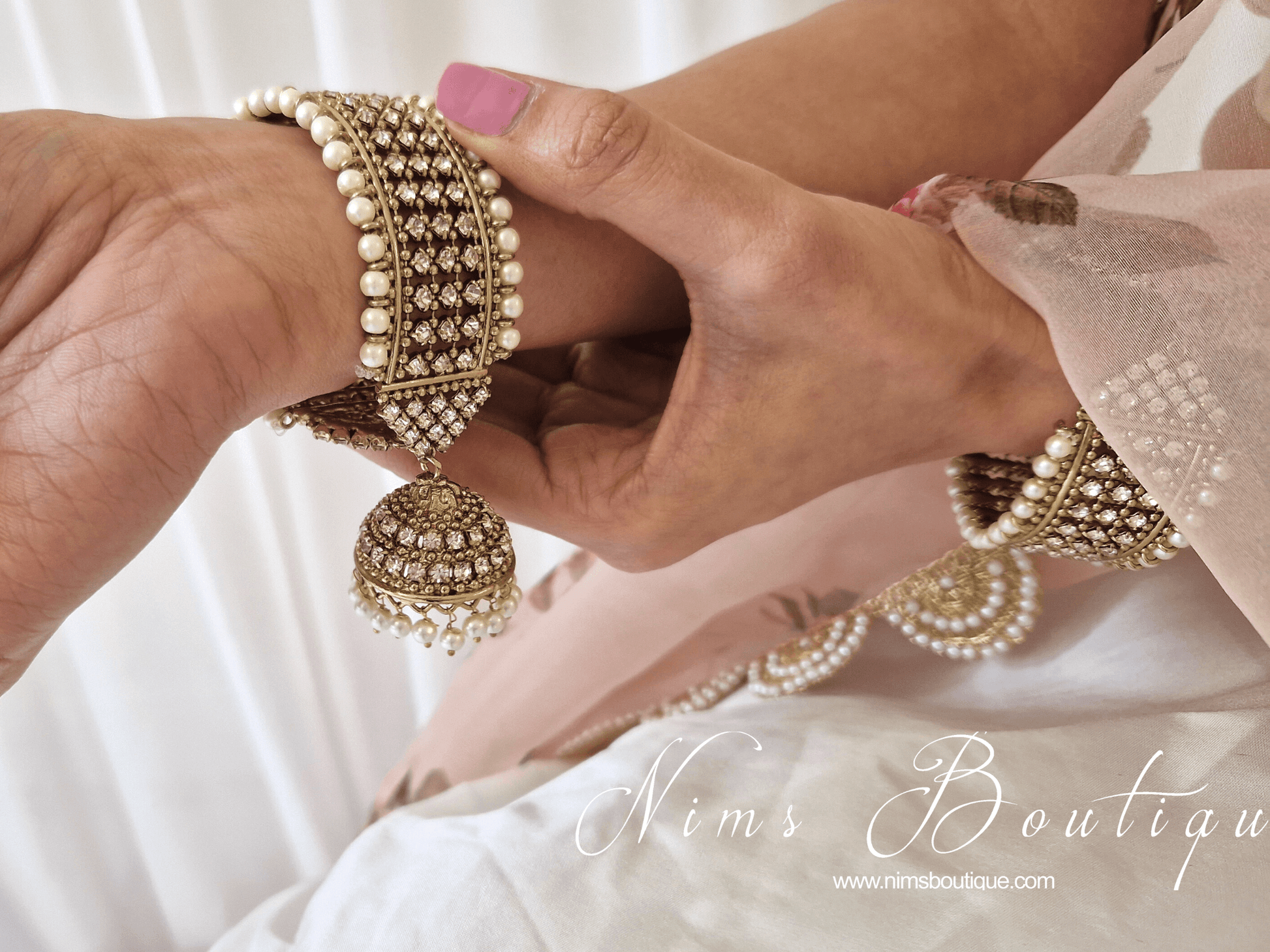 Nims Boutique Pearl & Gold Royal Bracelet with hanging chumka