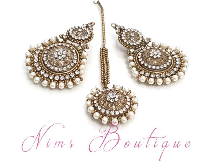 Nims Boutique Royal Pearl Tikka Set with earring chains