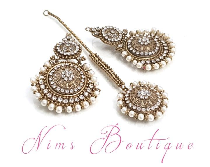Nims Boutique Royal Pearl Tikka Set with earring chains