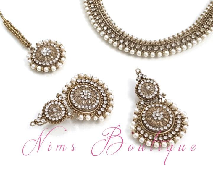 Nims Boutique Royal Pearl Tikka Set with earring chains