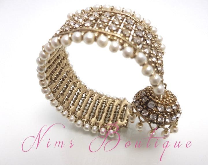 Pearl & Gold Royal Bracelet with hanging chumka - Nims Boutique