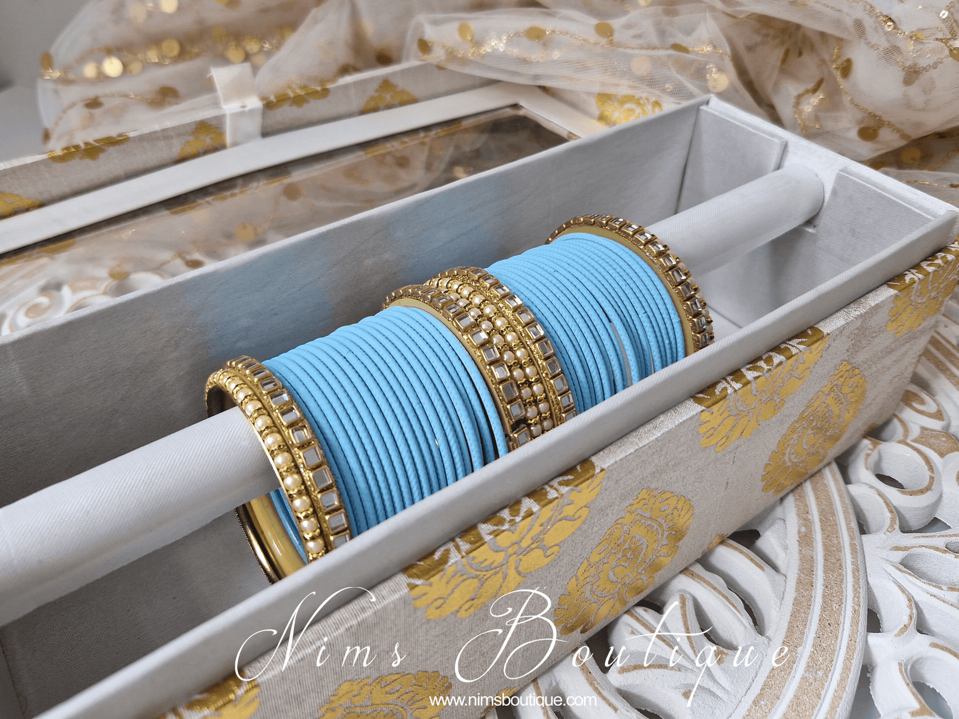 Nims Boutique Light Blue & Kundan Set of Bangles LBN