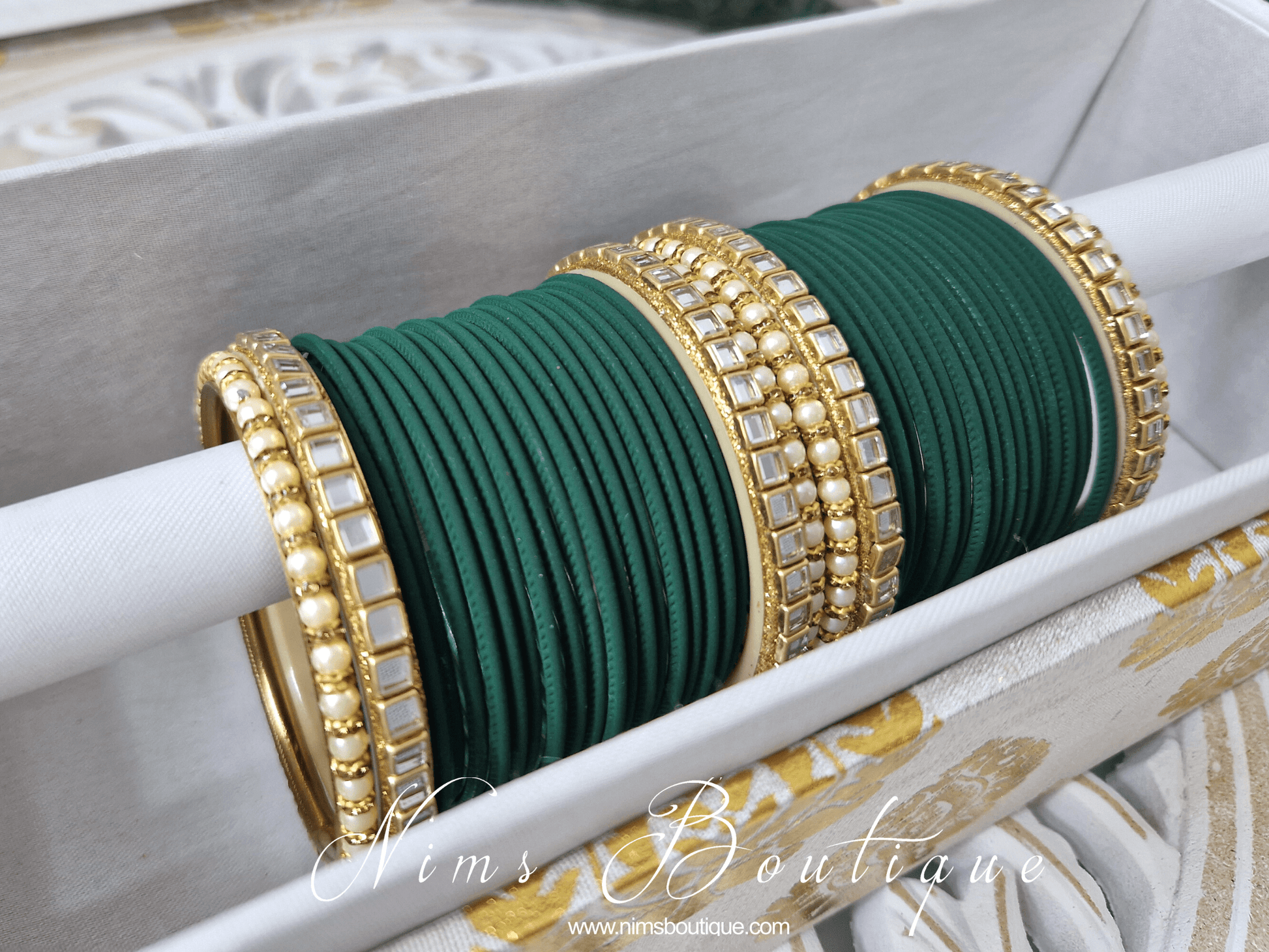 Nims Boutique Dark Green & Kundan Set of Bangles DGN