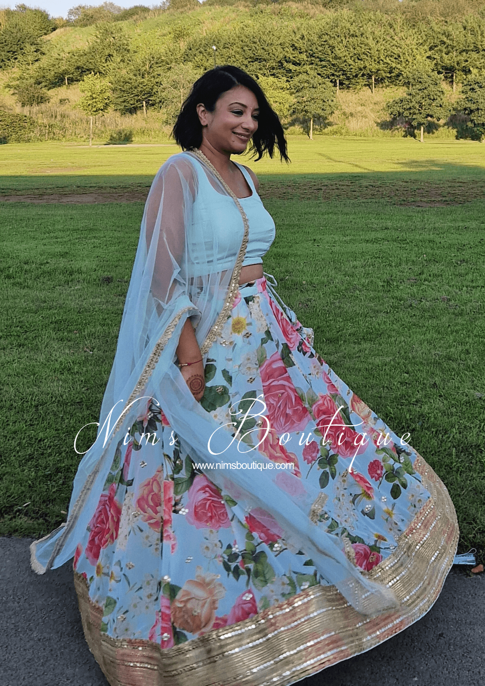 Nims Boutique Tara Luxury Silk Mint & Floral Lehnga