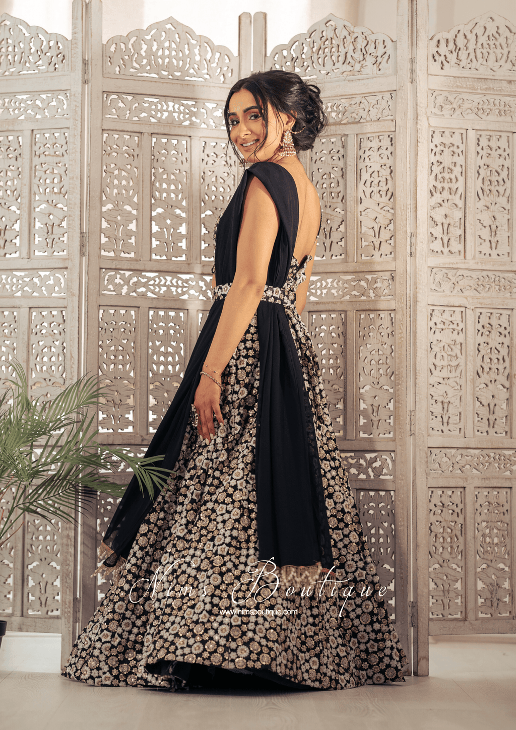 Nims Boutique Luxury Black & Ivory Sequin Bow Lehnga 6-14