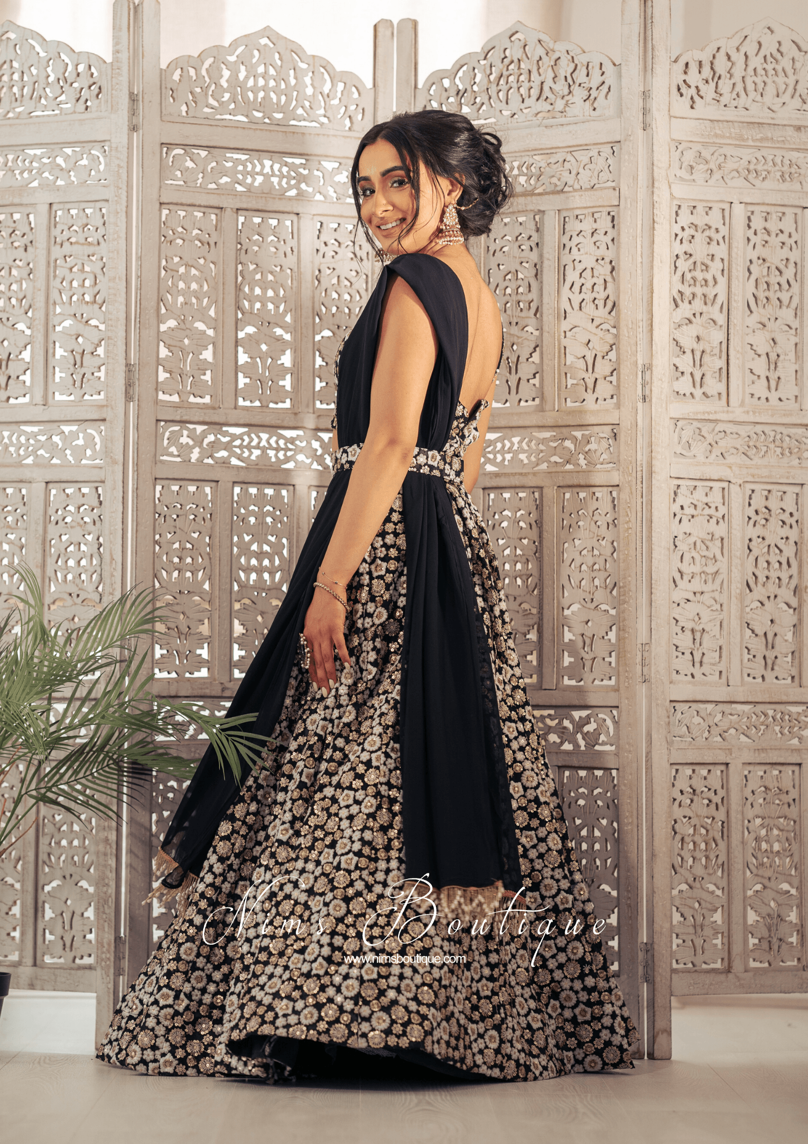 Nims Boutique Luxury Black & Ivory Sequin Bow Lehnga 6-14
