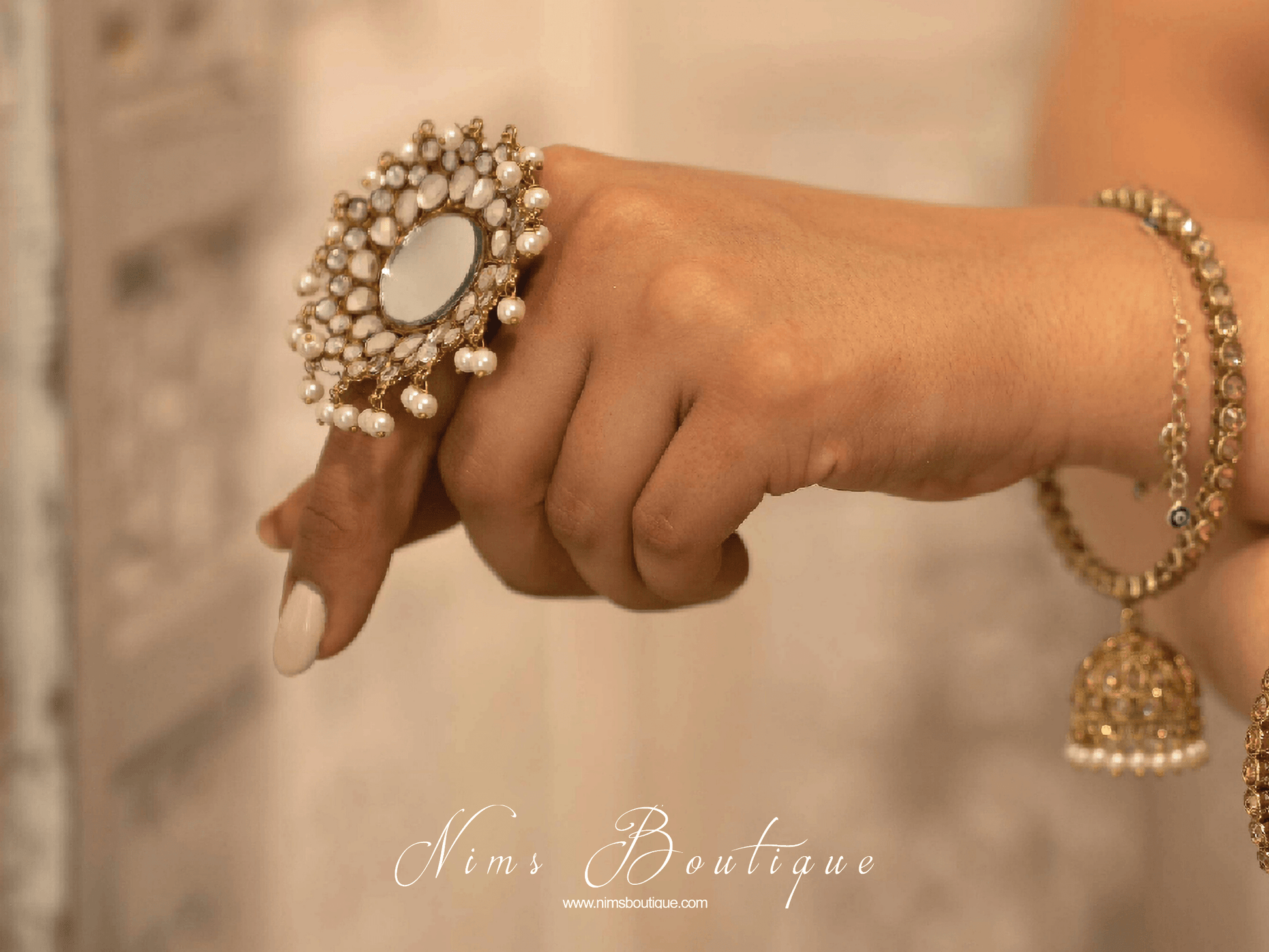 Nims Boutique Large Statement Royal Gold & Pearl Mirror Ring