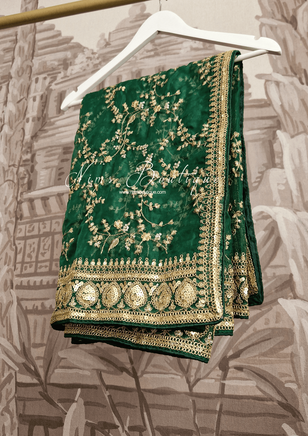 Nims Boutique Mahi Luxury Dark Green Organza Embroidered Dupatta/Chunni