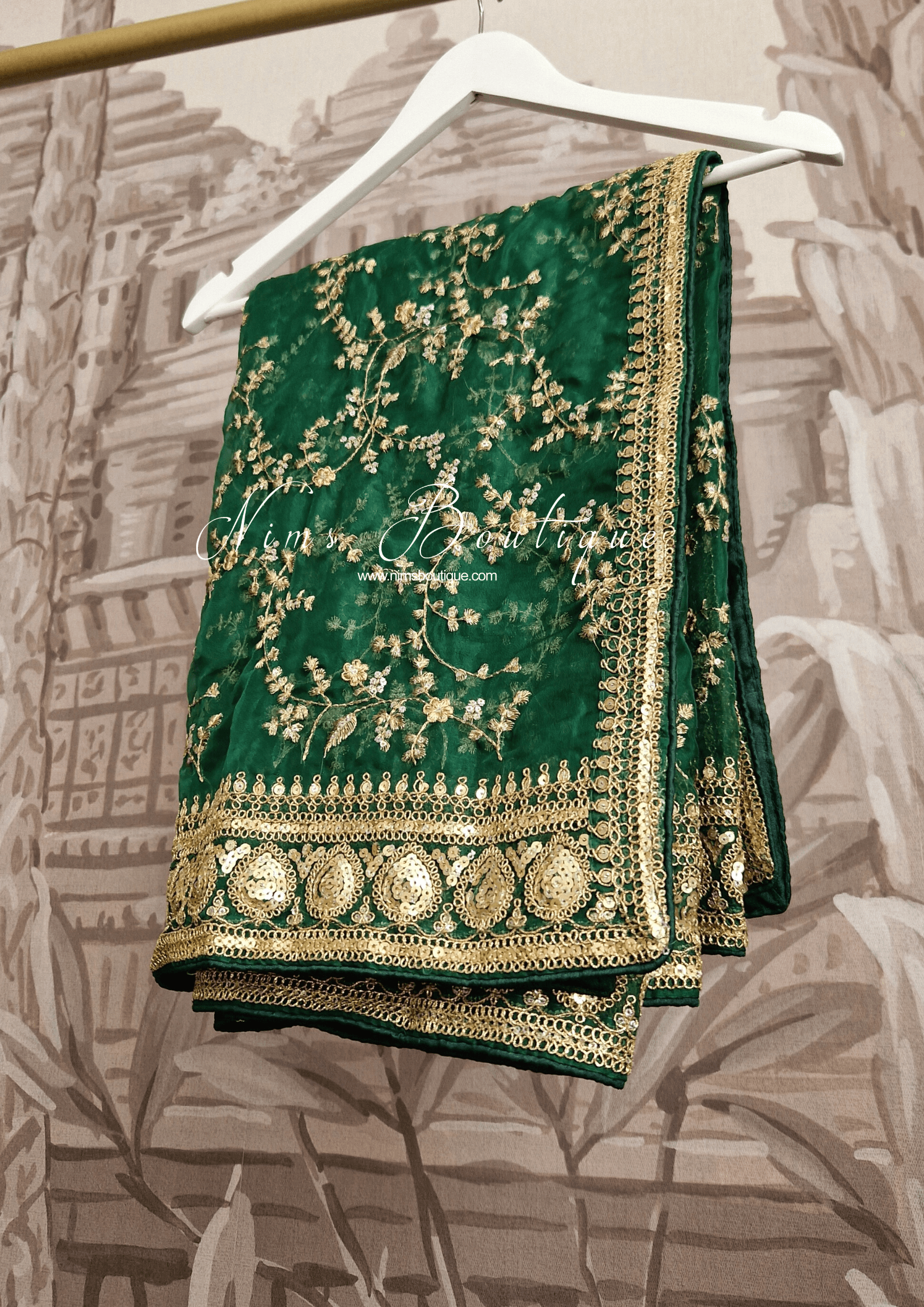 Nims Boutique Mahi Luxury Dark Green Organza Embroidered Dupatta/Chunni