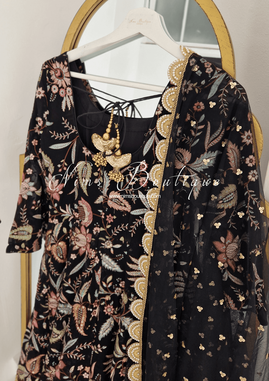 Nims Boutique Sarika Black Luxury Long Sleeved Anarkali Suit with Pajami sizes 4-14