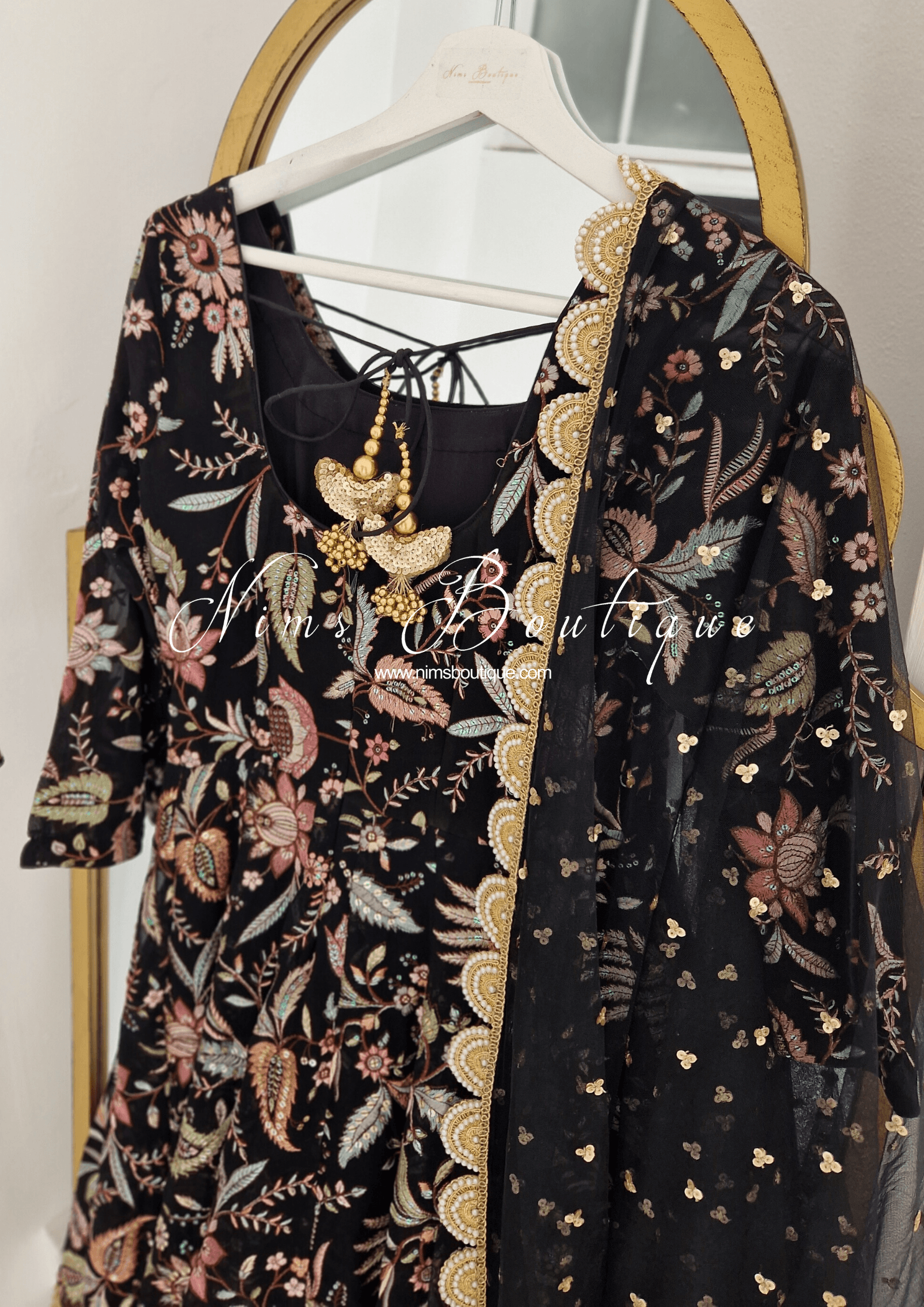 Nims Boutique Sarika Black Luxury Long Sleeved Anarkali Suit with Pajami sizes 4-14
