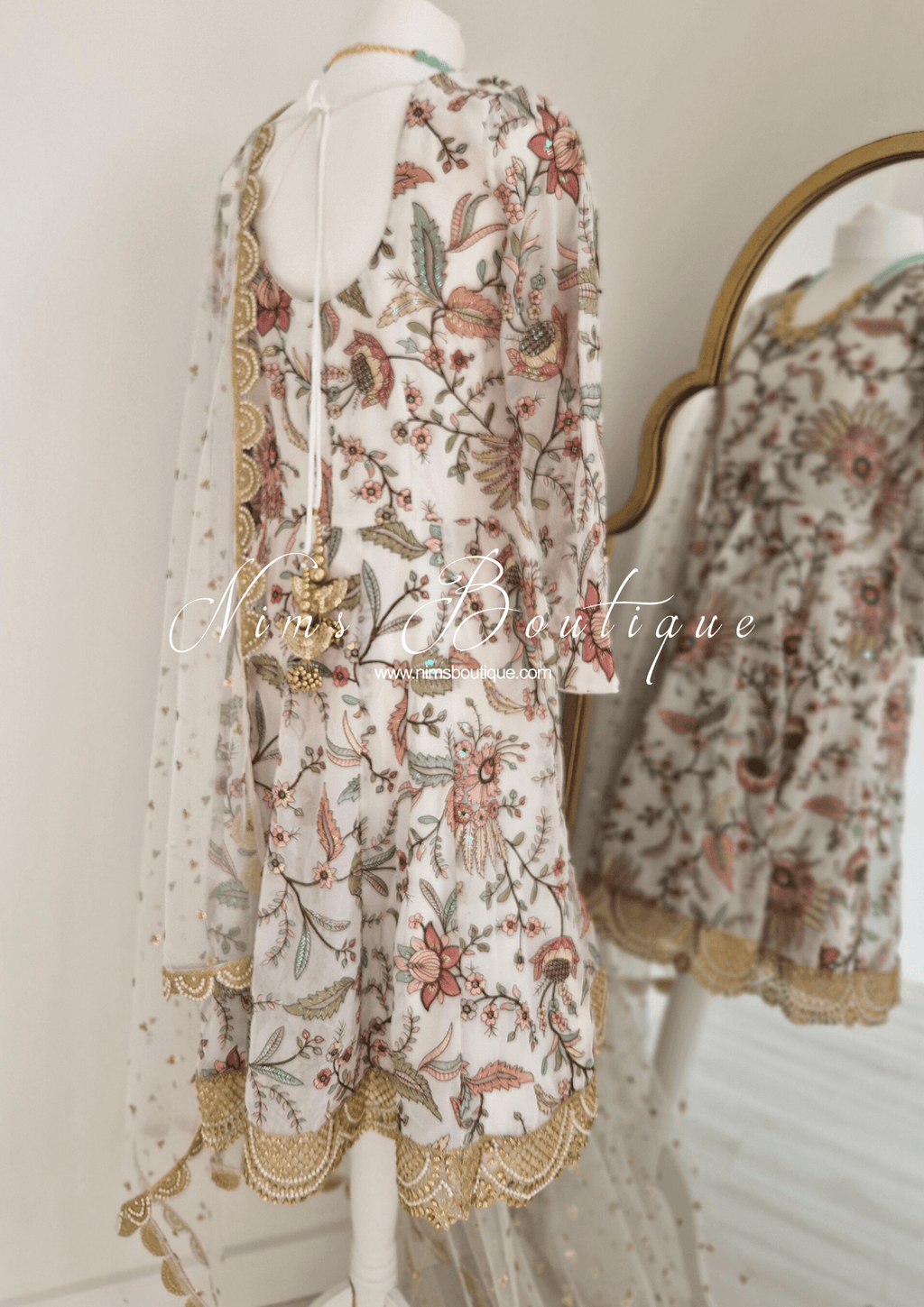 Nims Boutique Sarika White Luxury Long Sleeved Anarkali Suit with Pajami sizes 4-14