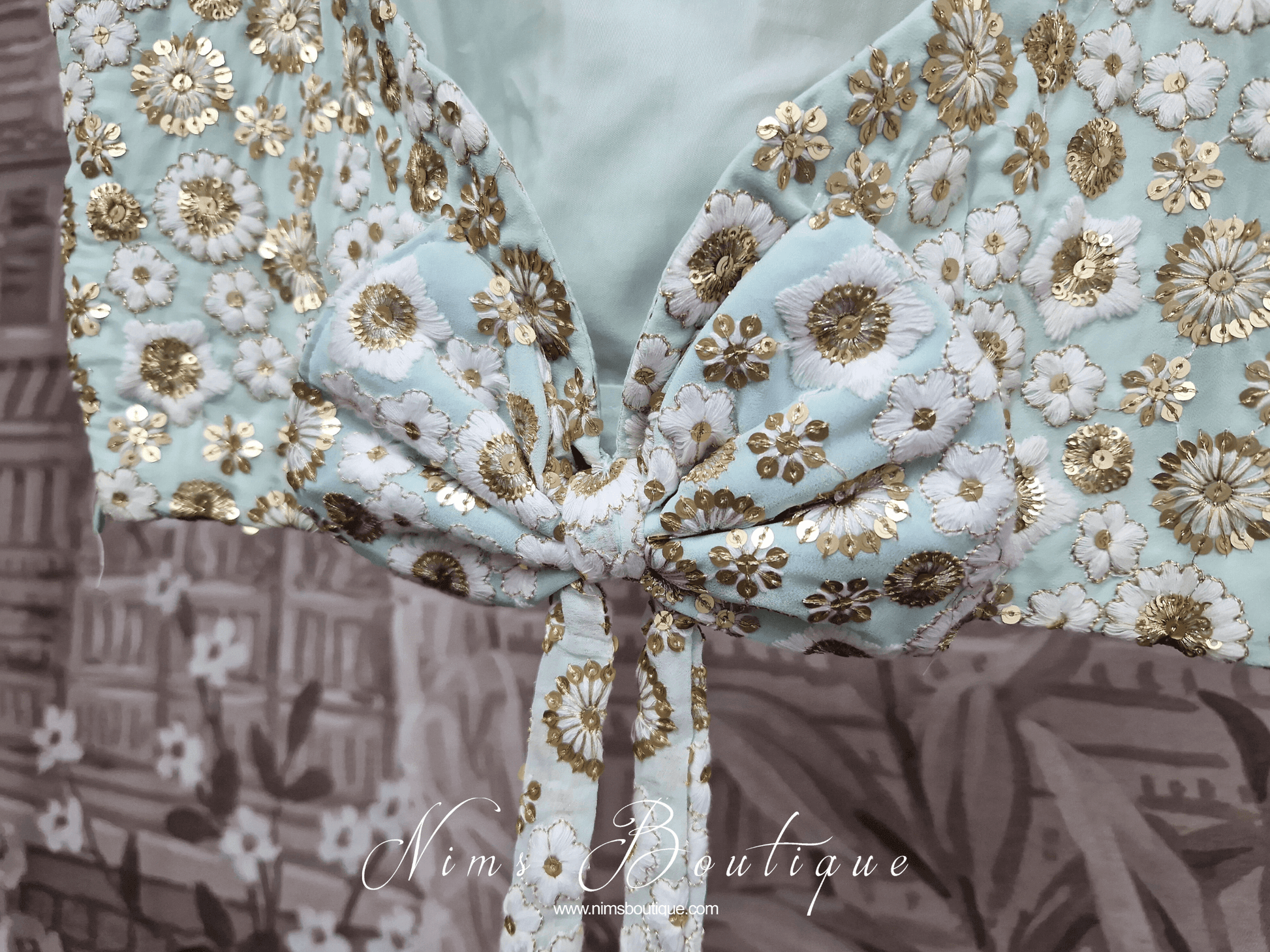 Nims Boutique Luxury NB Mint & Ivory Sequin Bow Blouse size 4-20
