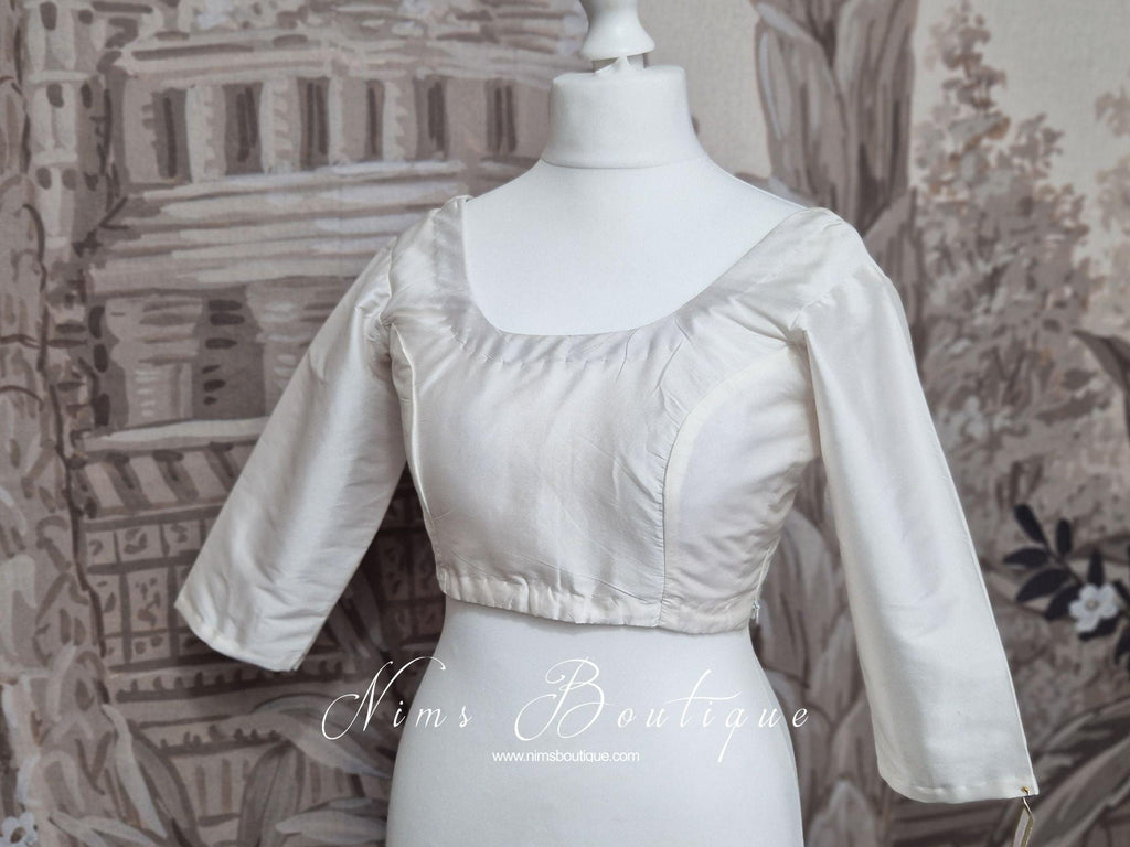 Nims Boutique White Pure Silk Scoop Neck Blouse with sleeves 4-26
