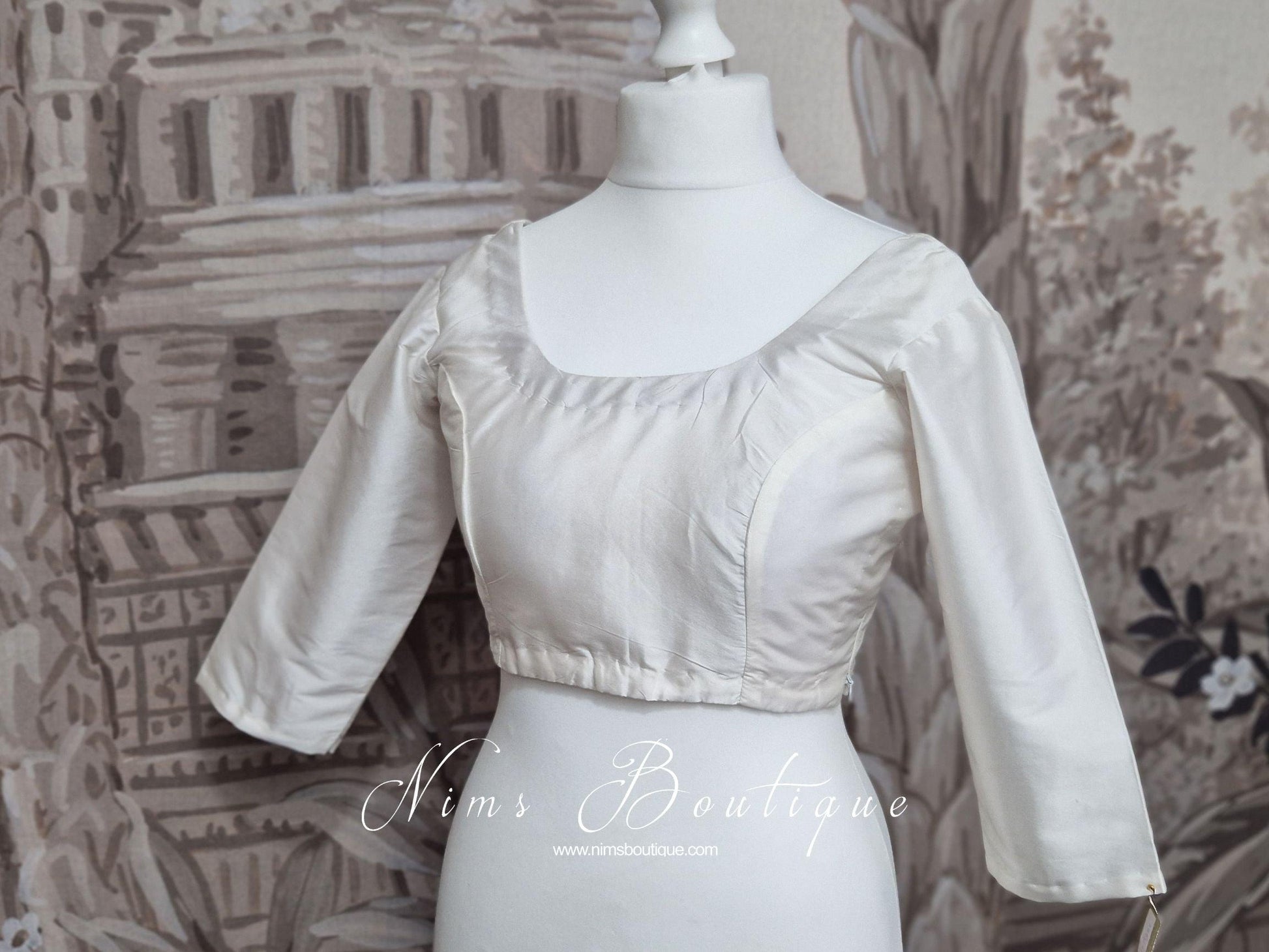 Nims Boutique White Pure Silk Scoop Neck Blouse with sleeves 4-26