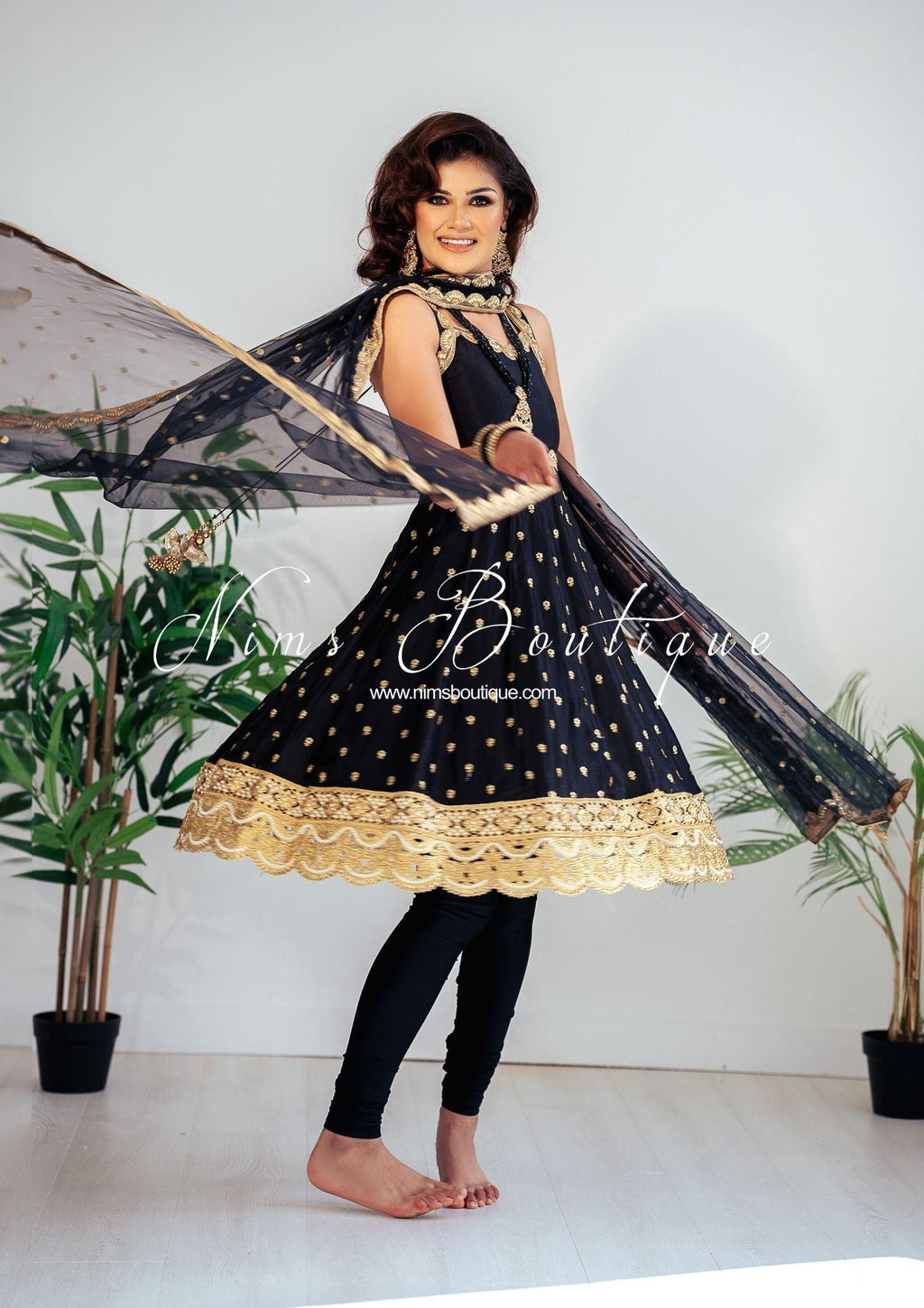 Nims Boutique The NB Luxury Black Silk Anarkali with Pajami size 4-16