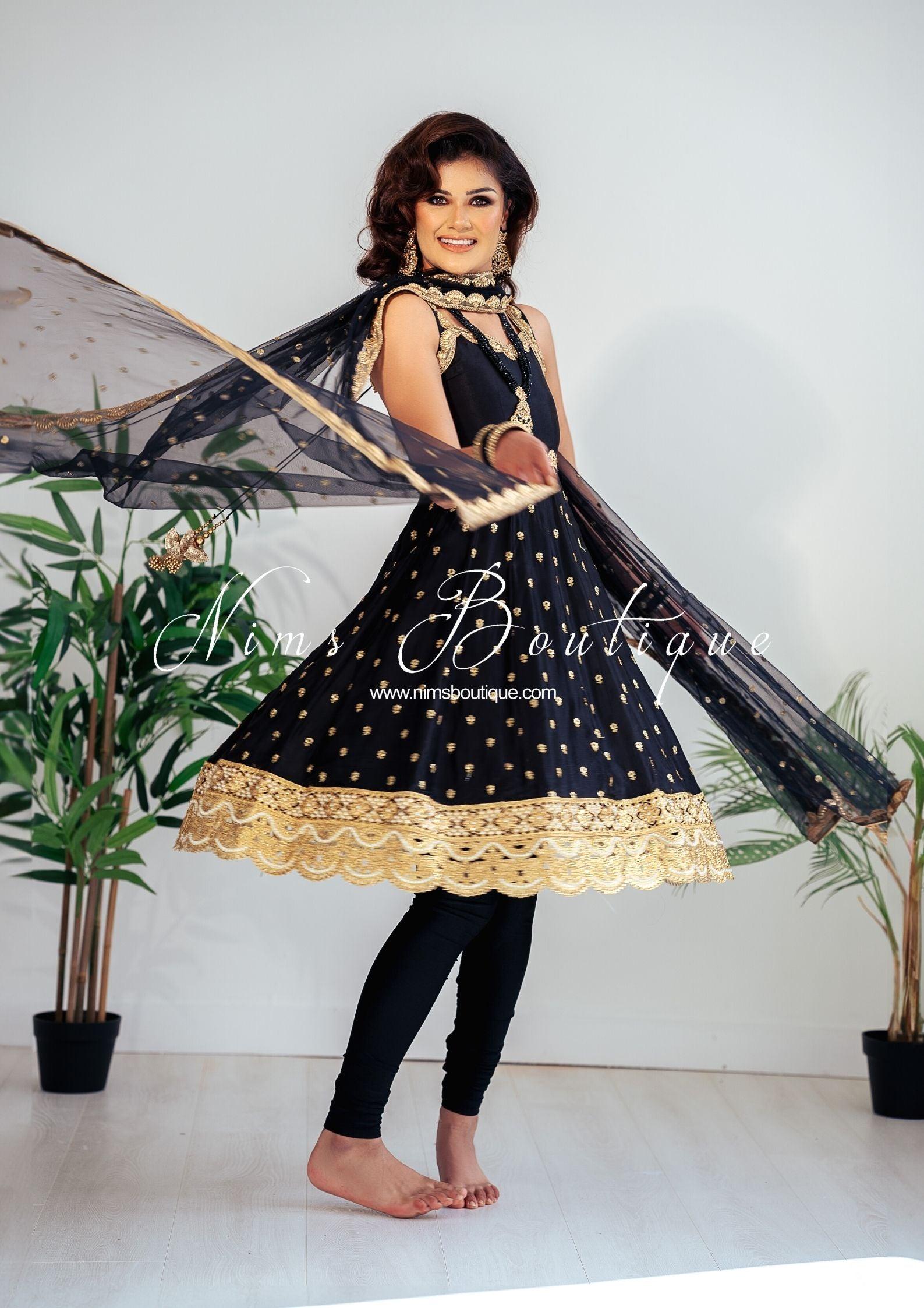 Nims Boutique The NB Luxury Black Silk Anarkali with Pajami size 4-16