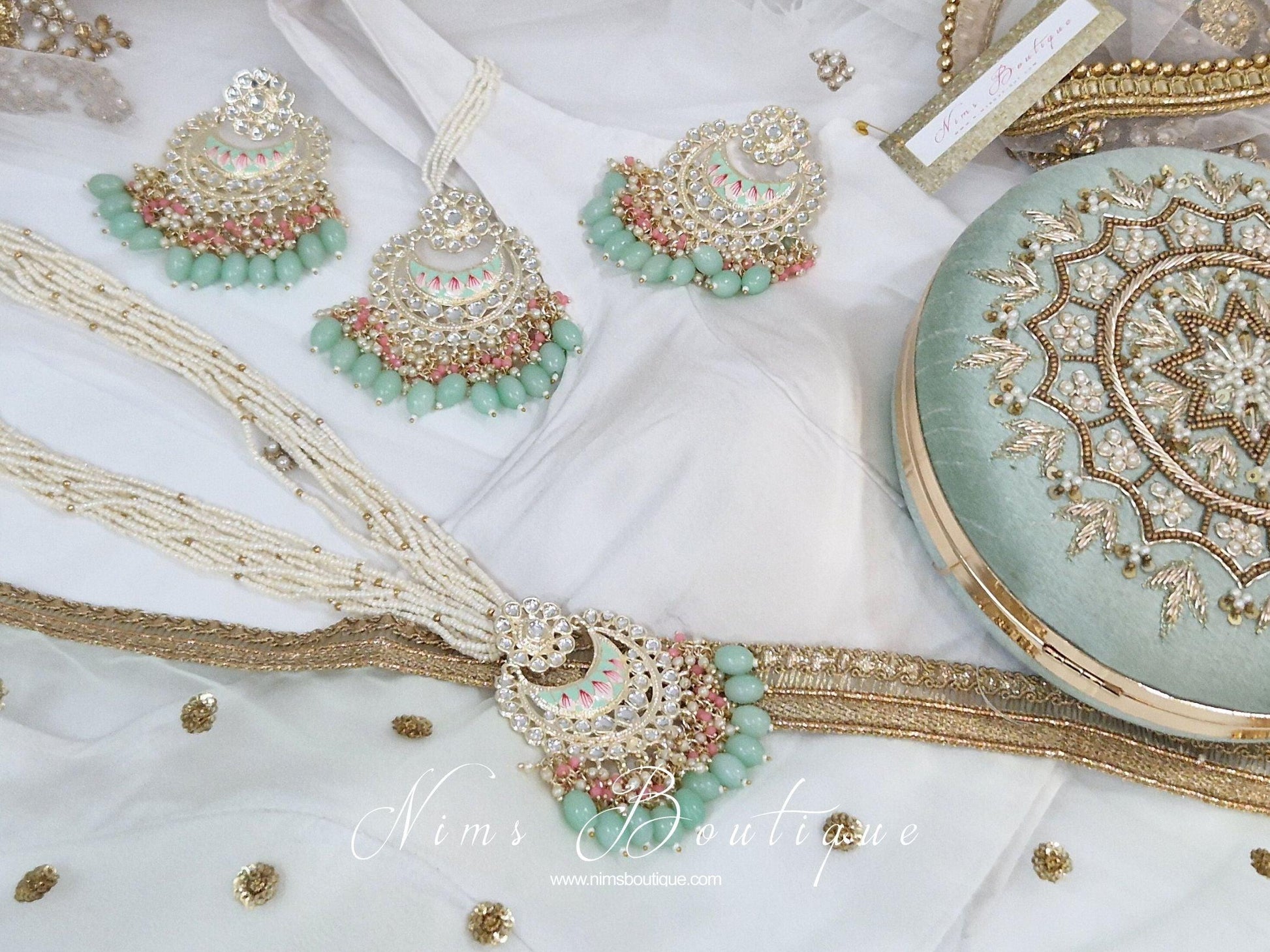 Nims Boutique Sana Pearl Mint & Pink Haar Set