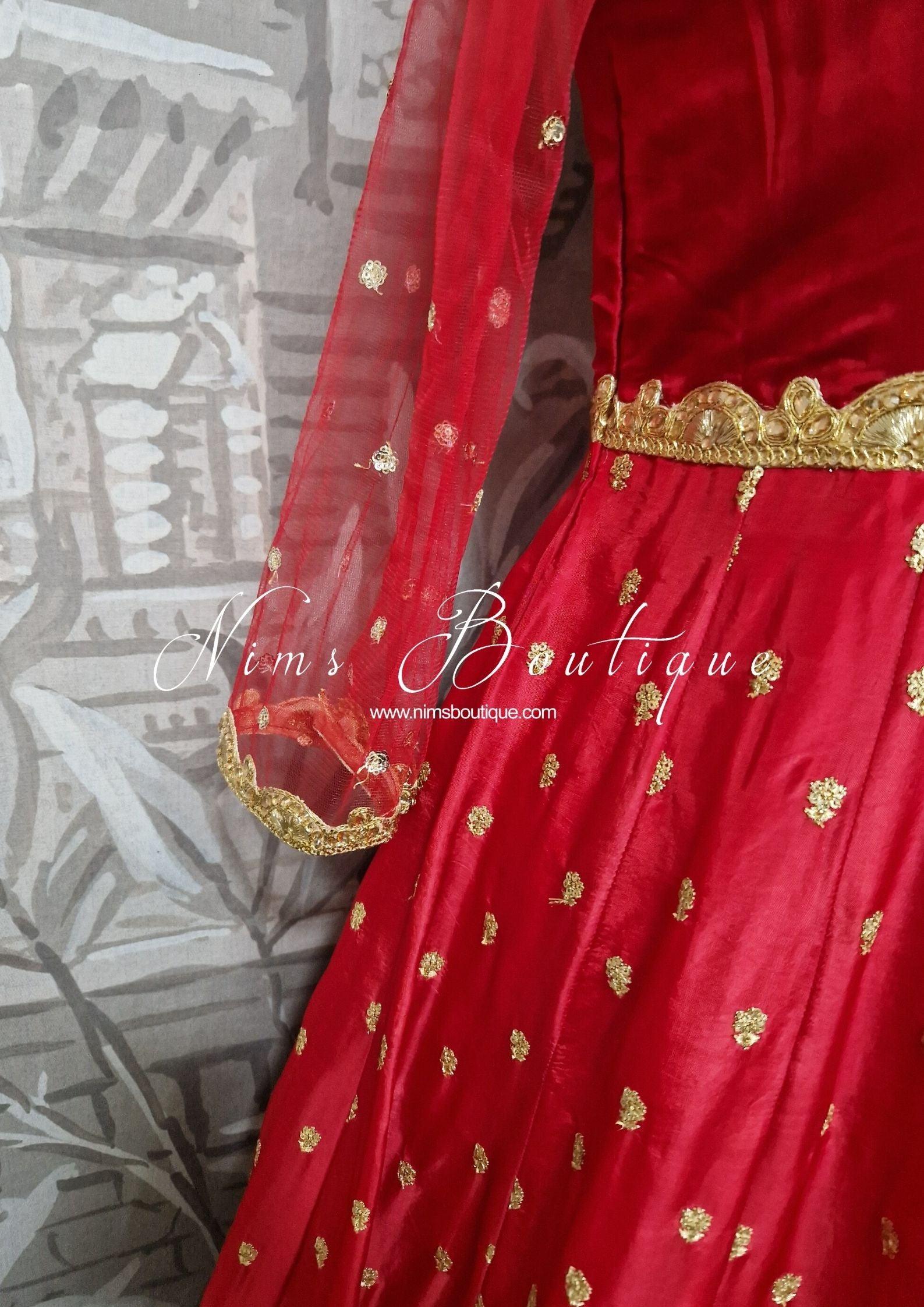 Nims Boutique The NB Luxury Red Silk Anarkali Pajami Suit with sleeves size 12-24