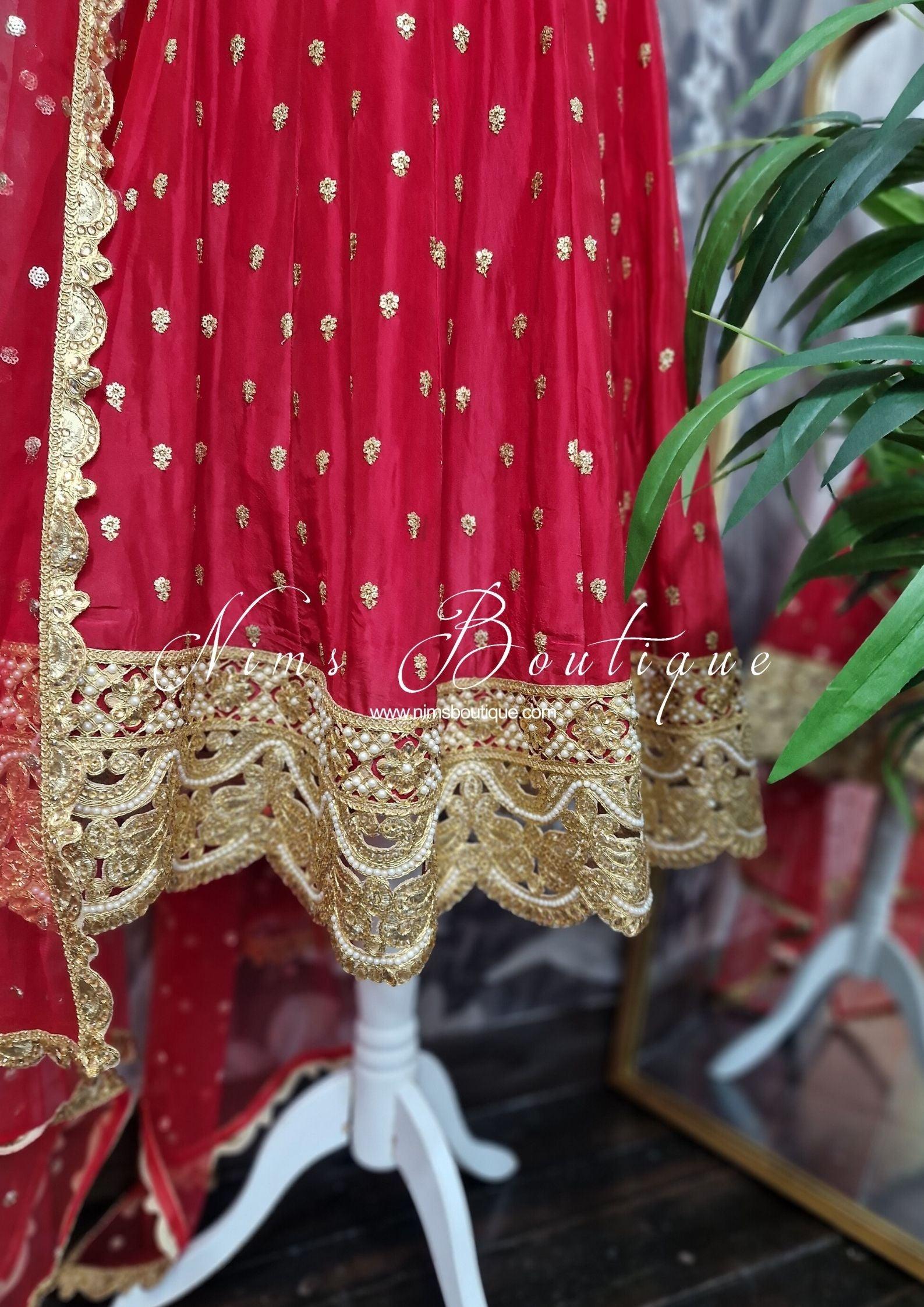 Nims Boutique The NB Luxury Red Silk Anarkali with Pajami size 4-12