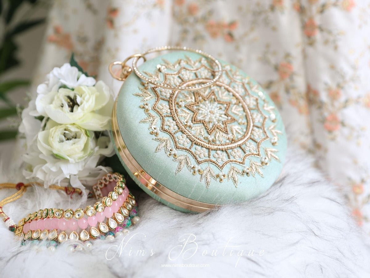 Nims Boutique Large Round Mint Green & Pearl Clutch Bag