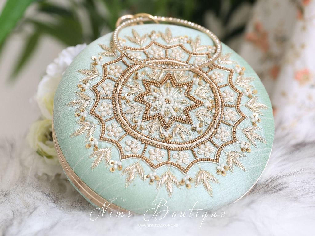 Nims Boutique Large Round Mint Green & Pearl Clutch Bag