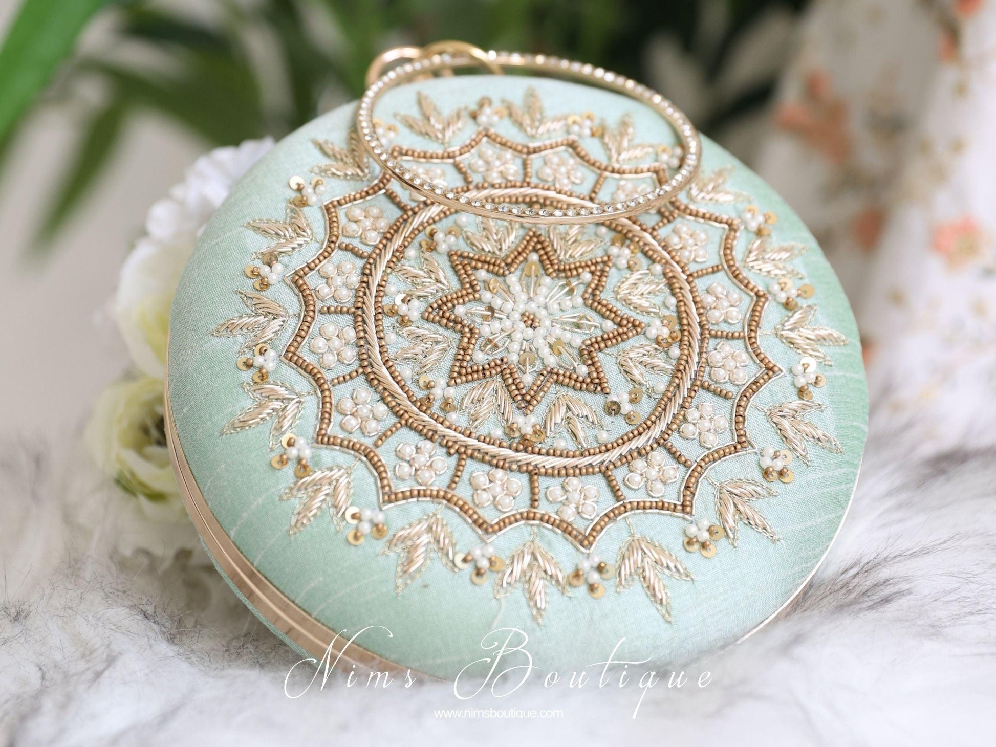 Nims Boutique Large Round Mint Green & Pearl Clutch Bag