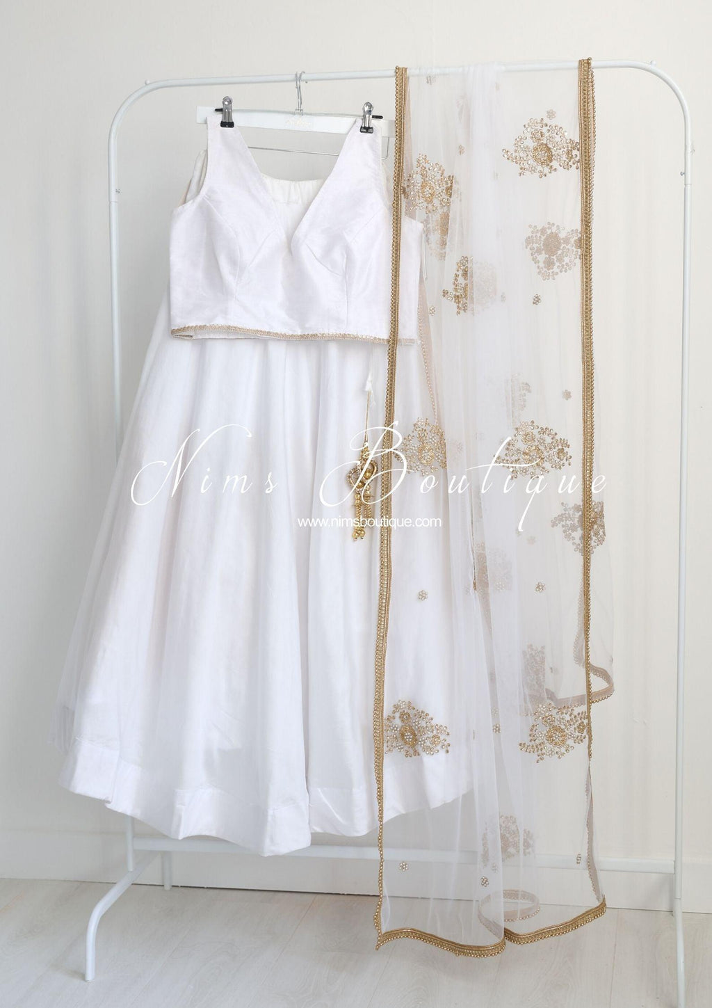 Nims Boutique White Net Pearl Embellished Dupatta/Chunni with Gold Bead Edging GB2