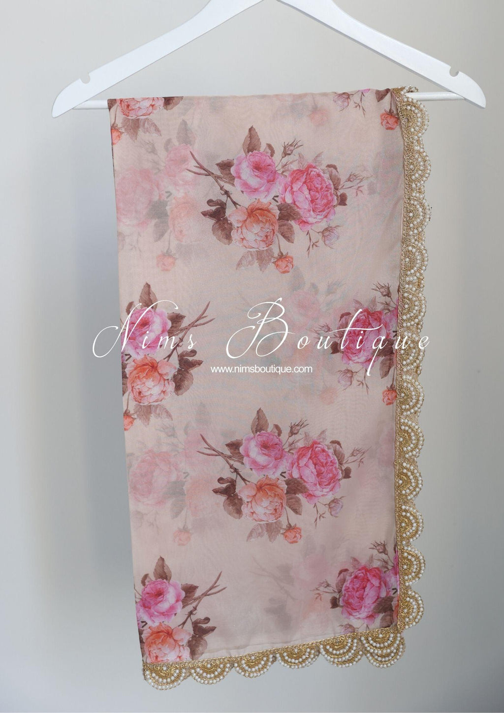 Nims Boutique Dusky Peach Organza Floral Dupatta/Chunni with Luxury Pearl Edging