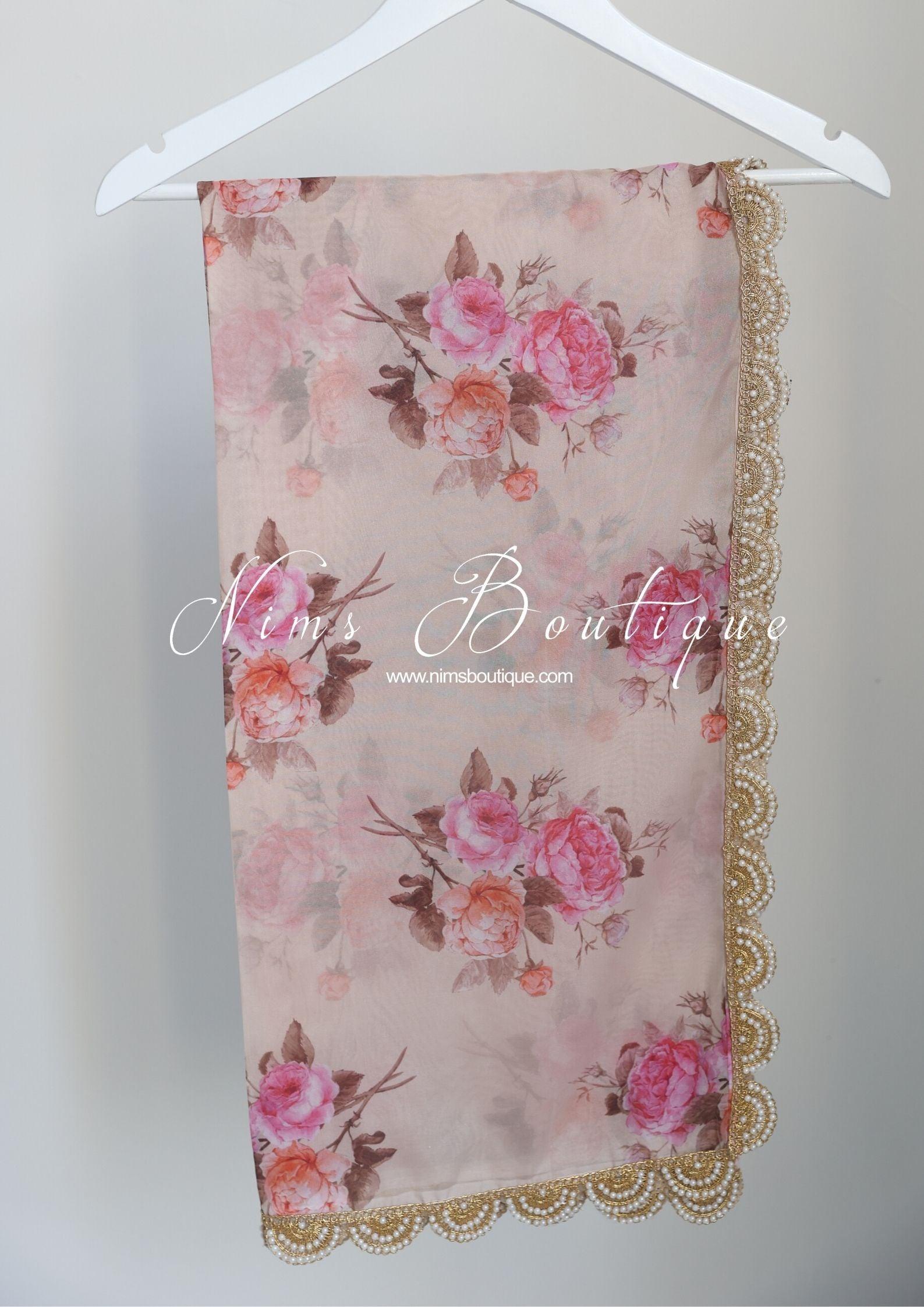 Nims Boutique Dusky Peach Organza Floral Dupatta/Chunni with Luxury Pearl Edging