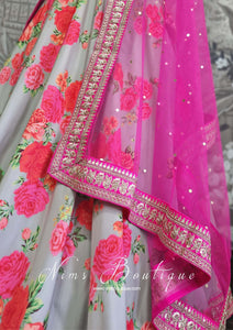 Luxury Grey & Hot Pink Floral Print Lehnga (10-12)