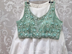 Limited Edition Mint & Silver 3d Flower Embroidered Blouse (10-12)
