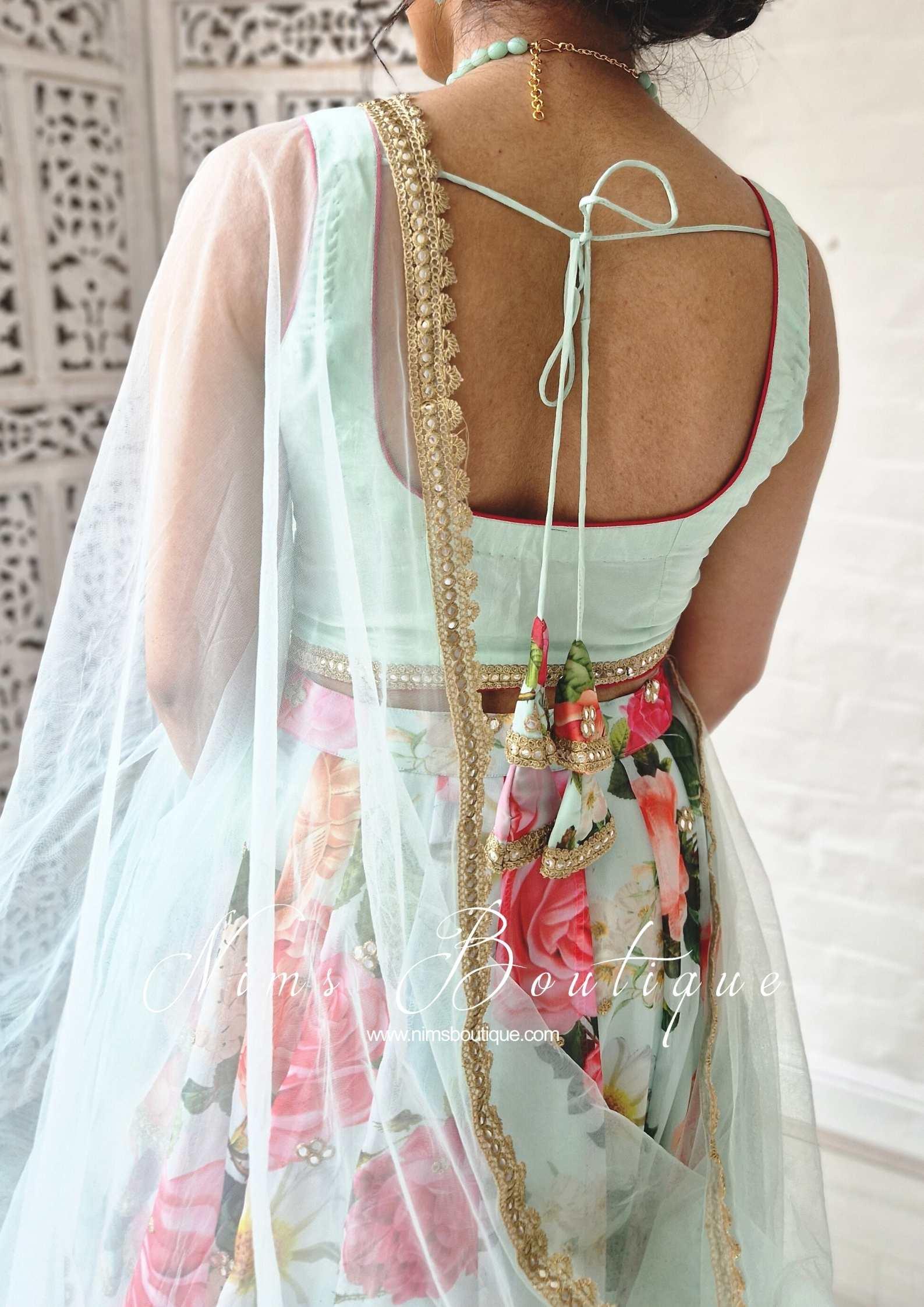 Nims Boutique Tara Luxury Silk Mint & Floral Lehnga