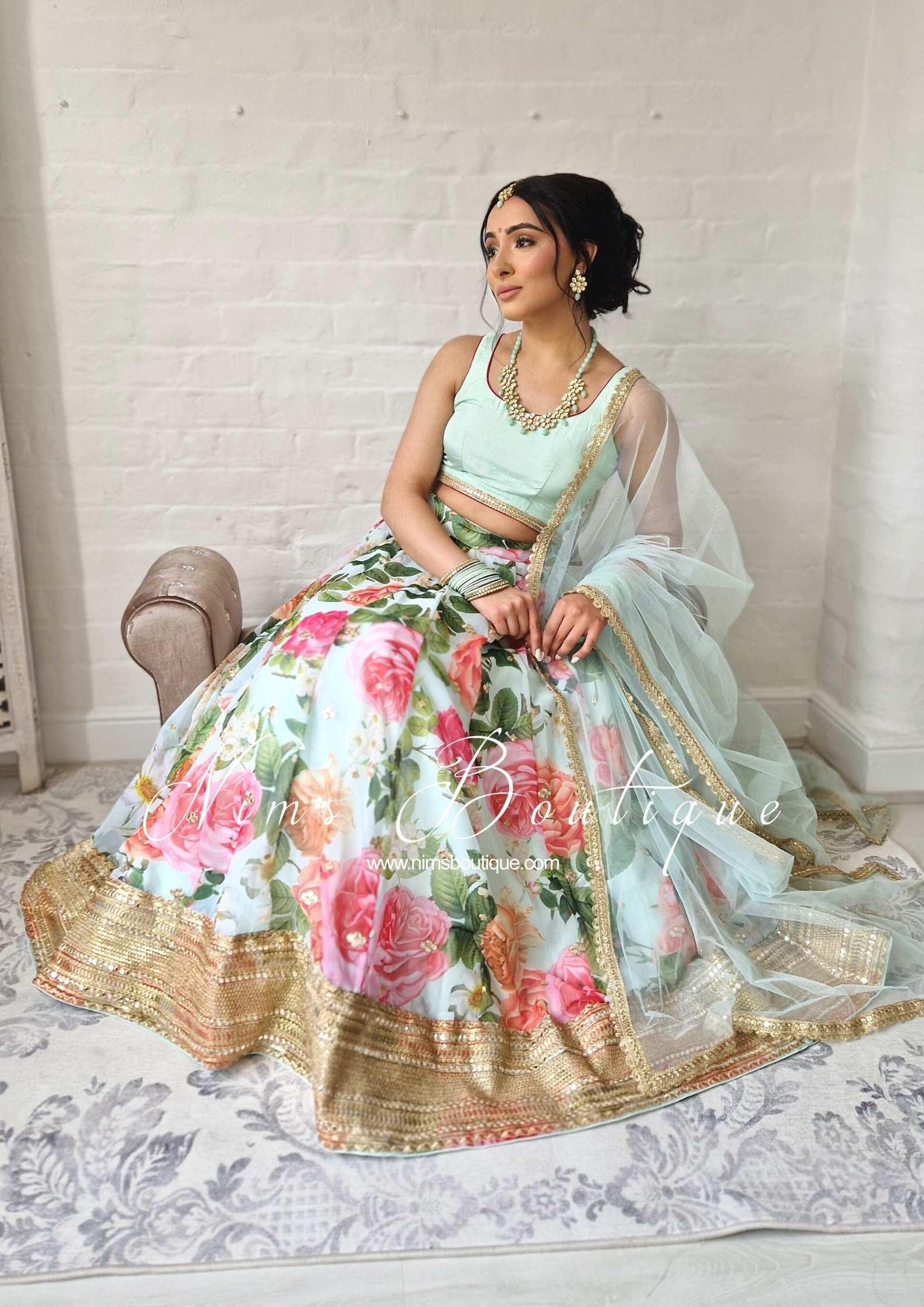 Nims Boutique Tara Luxury Silk Mint & Floral Lehnga