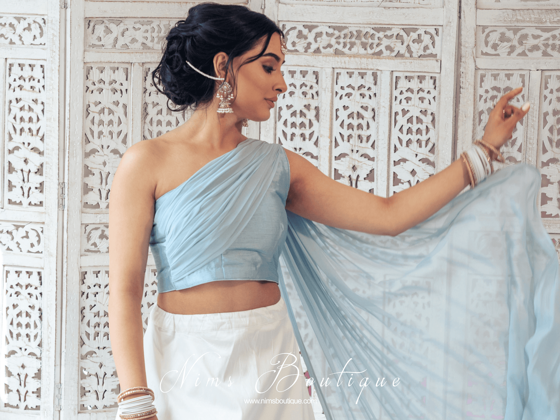 Nims Boutique Arya Powder Blue Luxury One Shoulder & Dupatta blouse 4-10