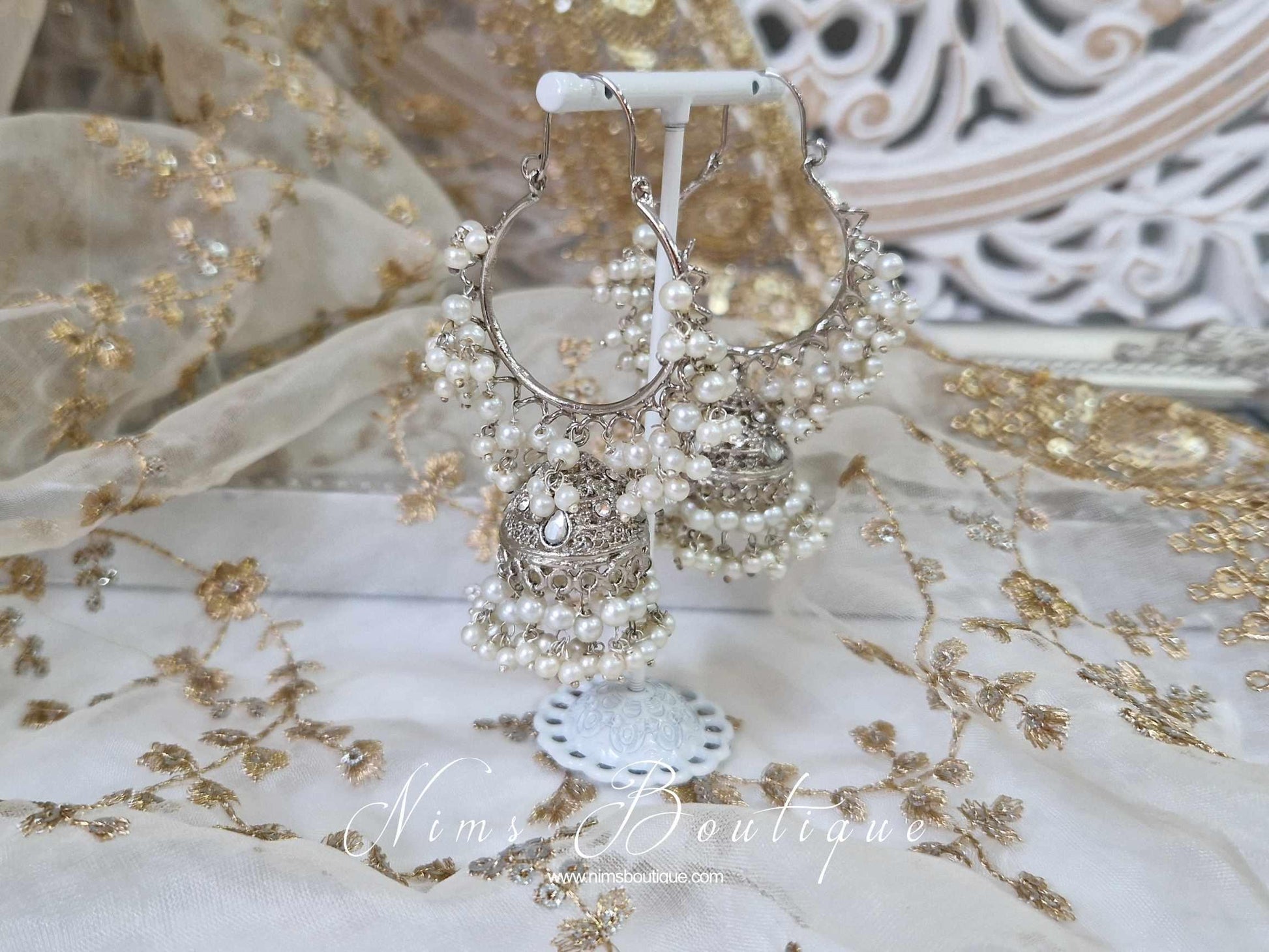 Nims Boutique Emilia Royal Silver Pearl Hoop Chumka Earrings
