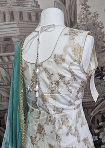 Ivory & Teal Tie Dye Brocade Gharara Suit (Size 10-12)